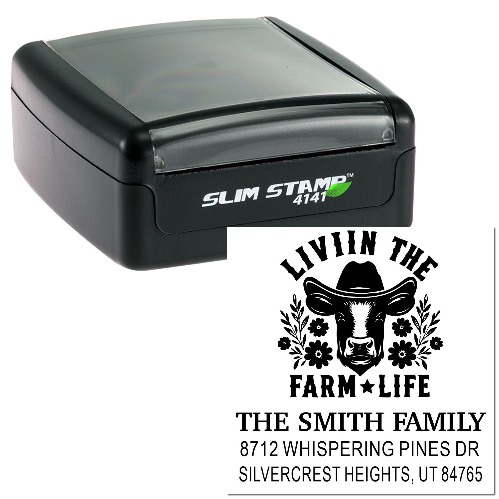 Custom Slim Stamp 4141 address stamp with cow farm-life logo and The Smith Family address on a white background.