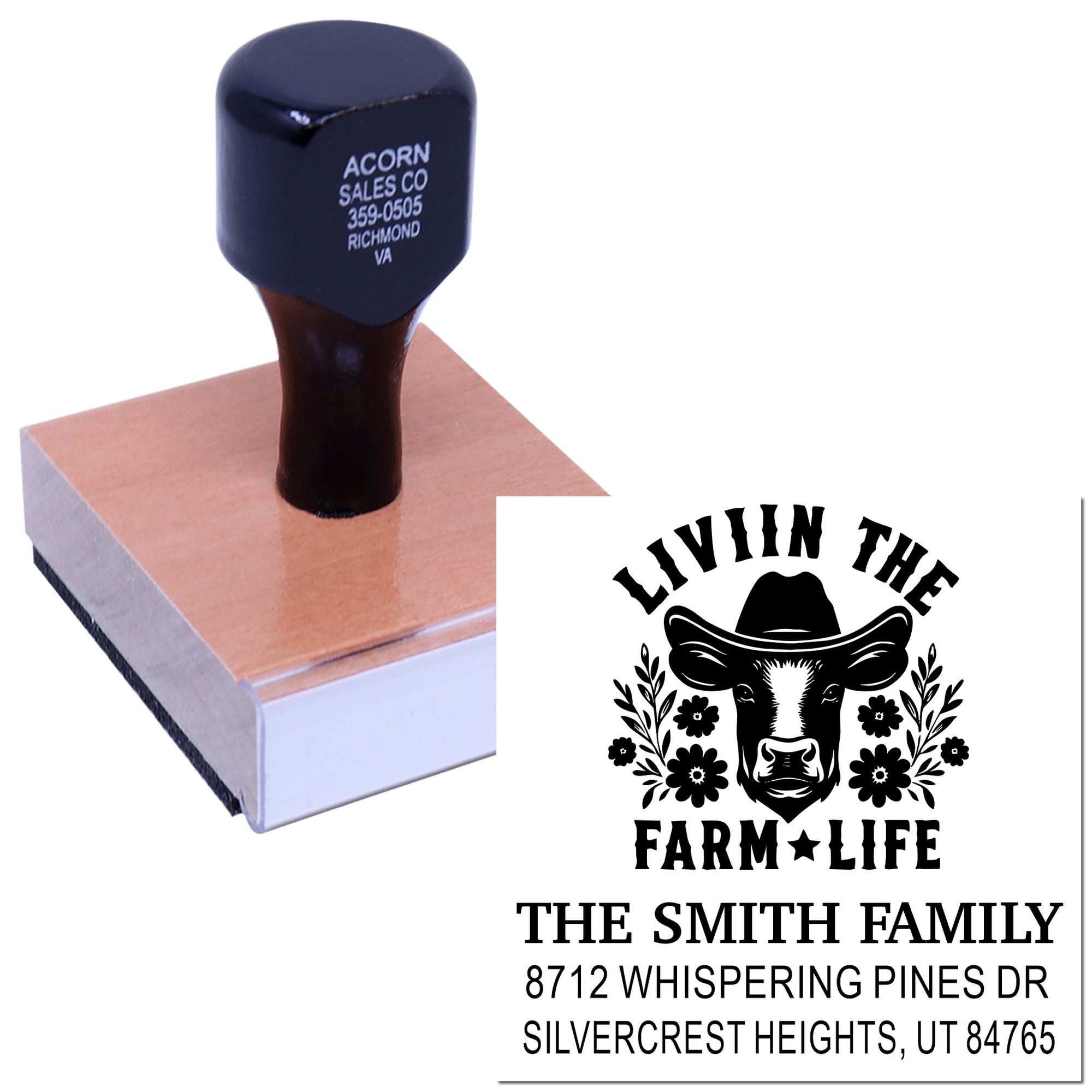 Custom self-inking stamp with cow farm design and family address imprint, displayed on a block with sample pressed text.