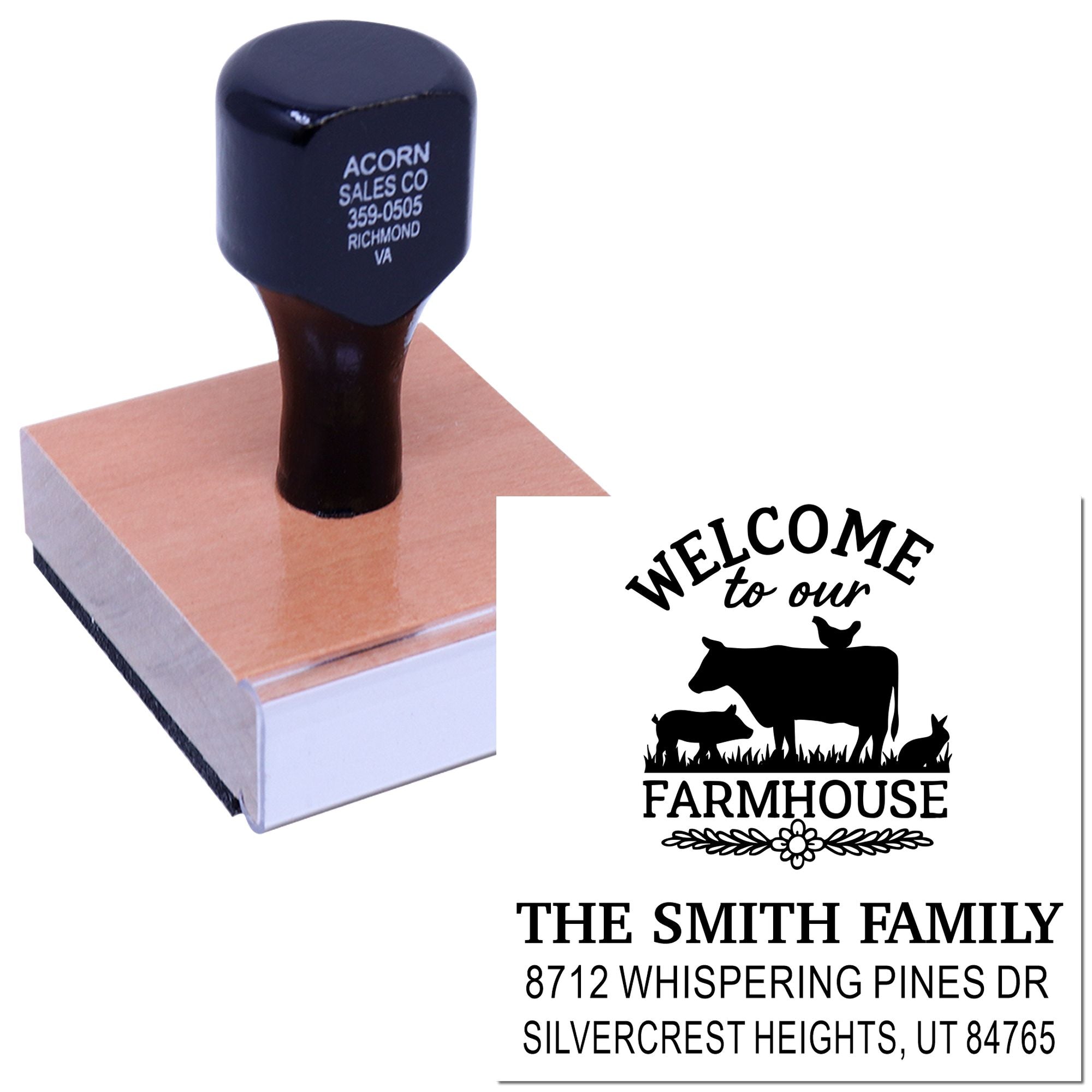 Custom rubber address stamp on wooden block beside sample farmhouse return-address imprint with cow, family name, and address on white background.