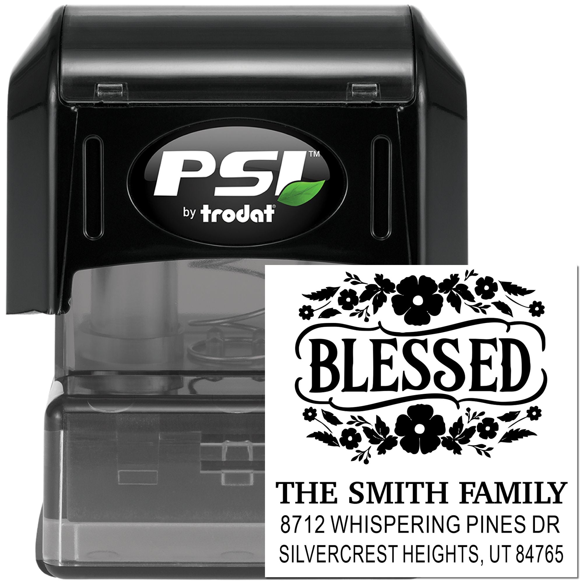 Black PSI by Trodat self-inking personalized address stamp with floral Blessed design, Smith family name, and custom home address imprint.