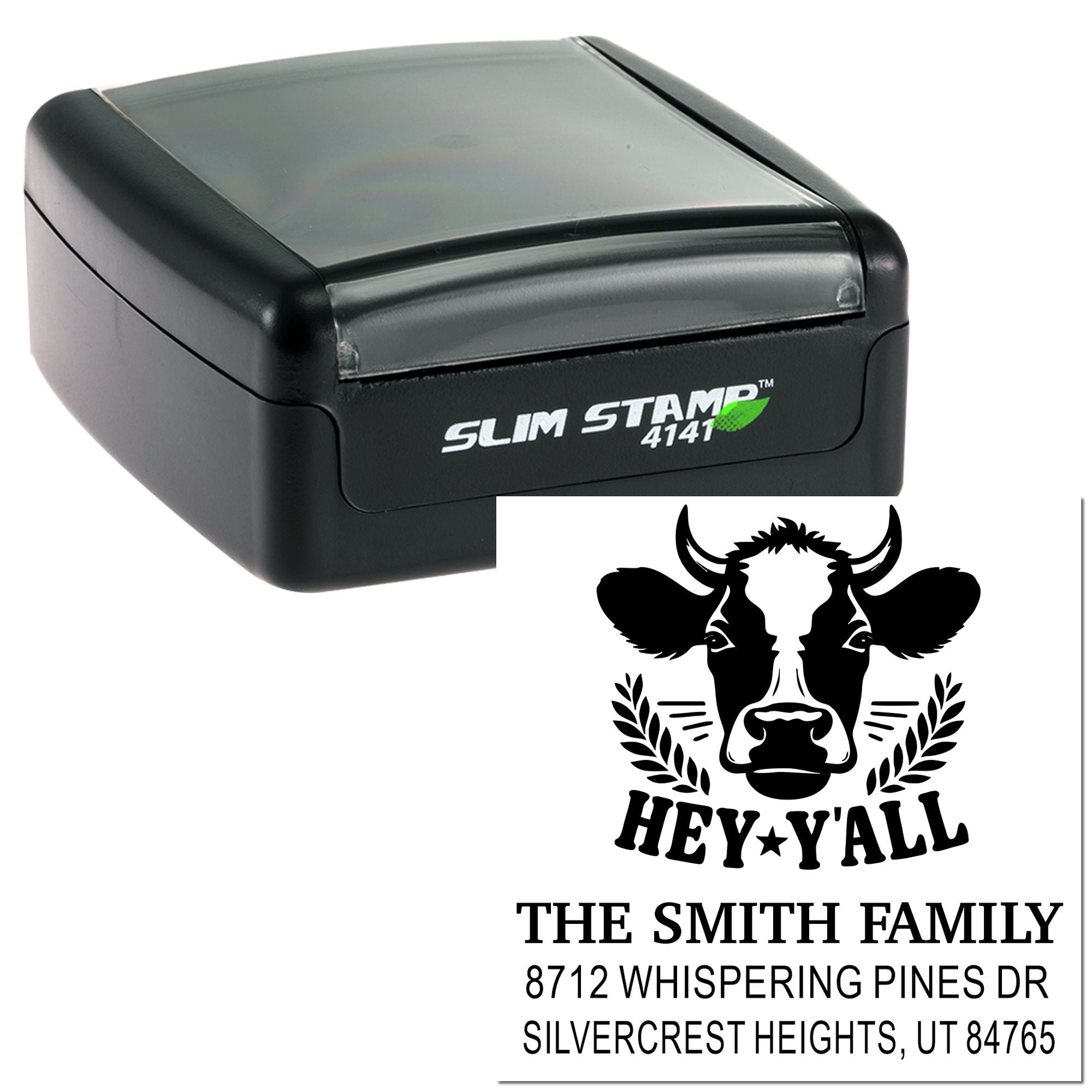 Custom Slim Stamp 4141 with cow logo and return address for The Smith Family, shown with personalized mailing imprint on a white background.