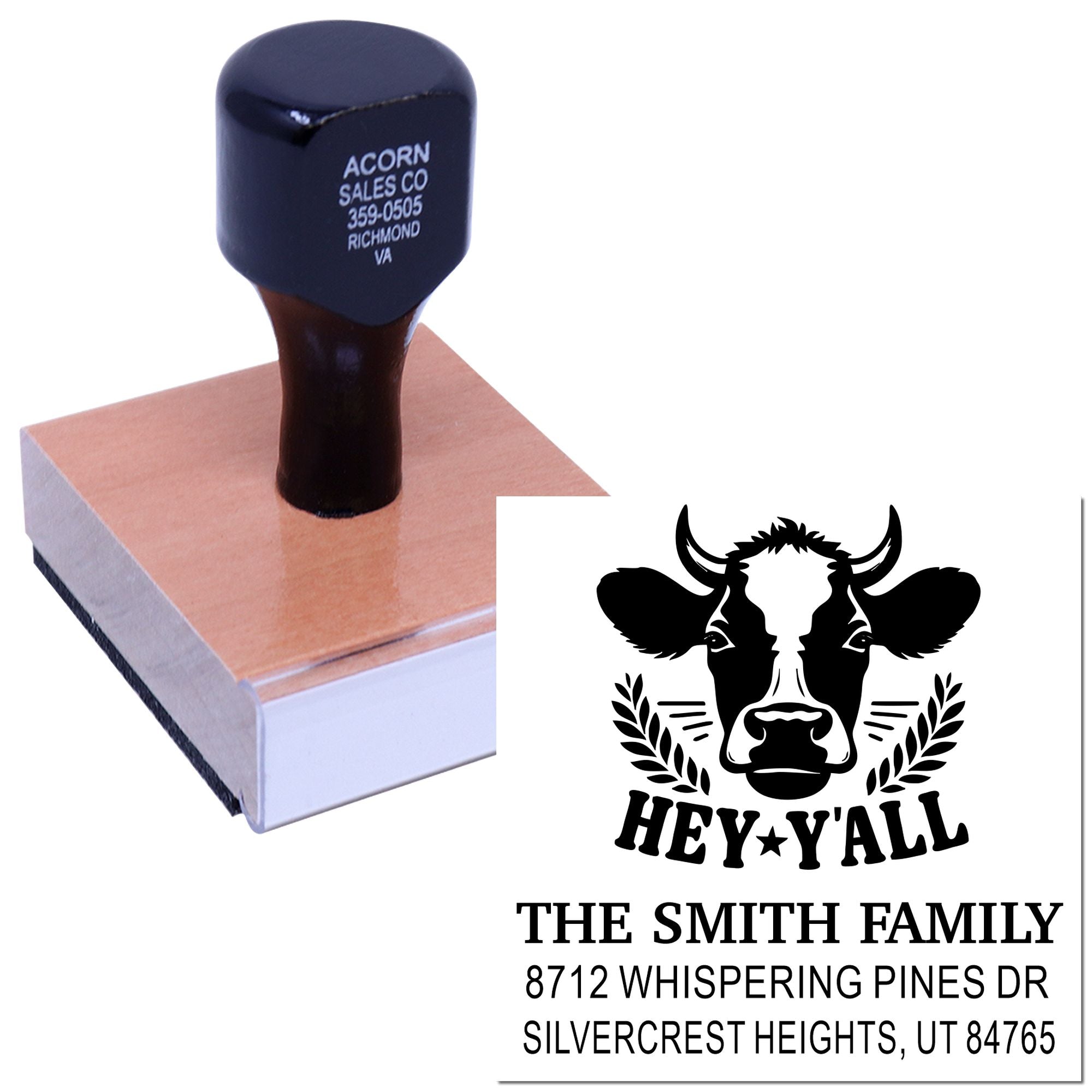 Custom self-inking rubber stamp with cow logo, Hey Yall, and family return address design on a white background.