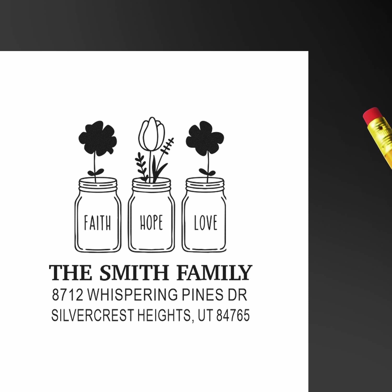 Custom address stamp with faith, hope and love mason jars, flowers, The Smith Family return address, Silvercrest Heights, UT