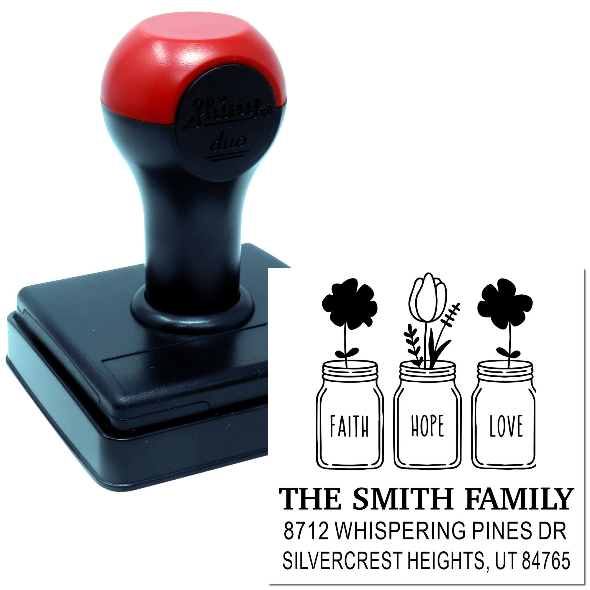 Custom self-inking address stamp with Faith Hope Love mason jar design and The Smith Family address on a white background.