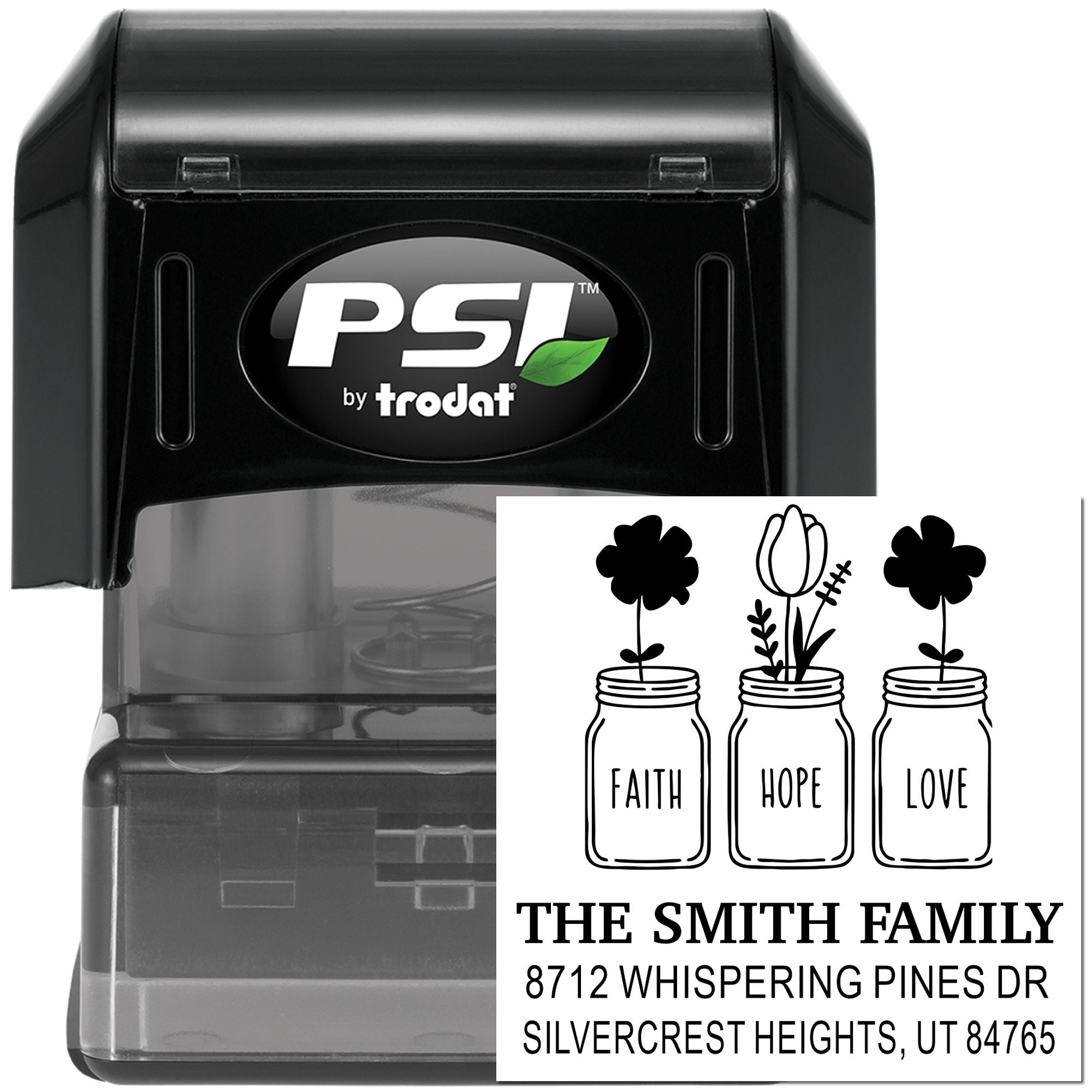 PSI by Trodat custom self-inking address stamp with faith, hope, love mason jar design and Smith family return address