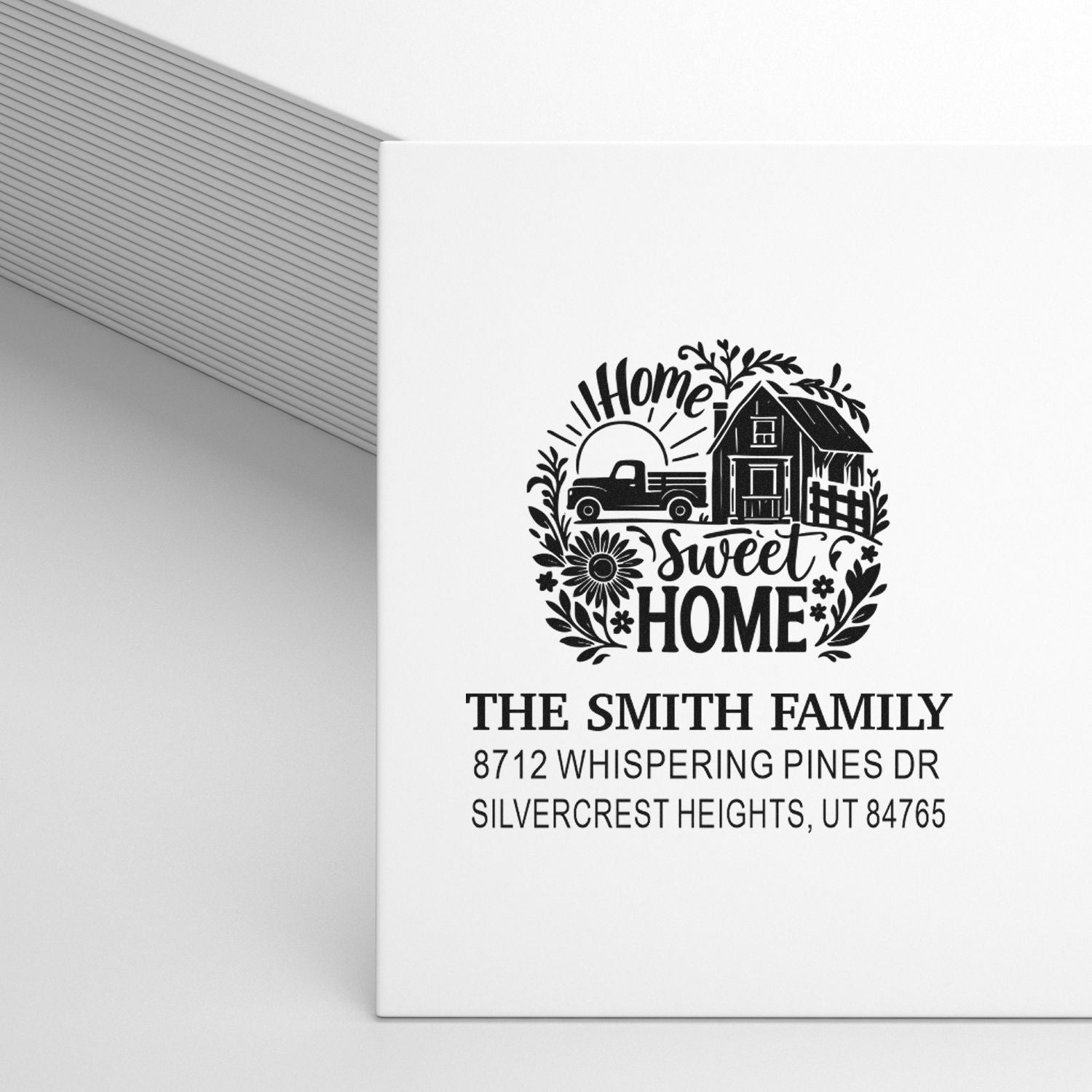 Custom address stamp with Sweet Home farmhouse design, truck, and house for The Smith Family, Silvercrest Heights, UT 84765.