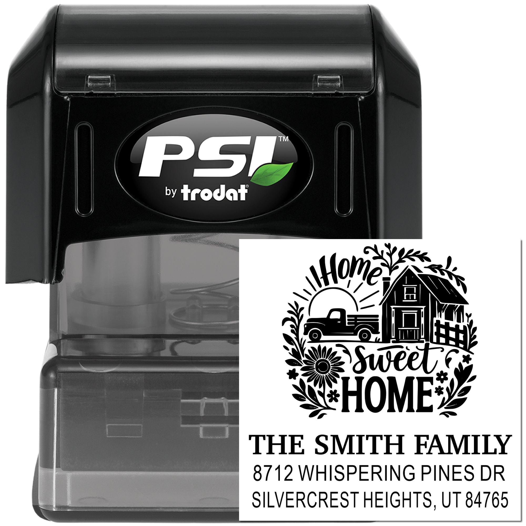 PSI by Trodat self-inking custom home address stamp with Home Sweet Home design, Smith family name, and Silvercrest Heights, Utah address.