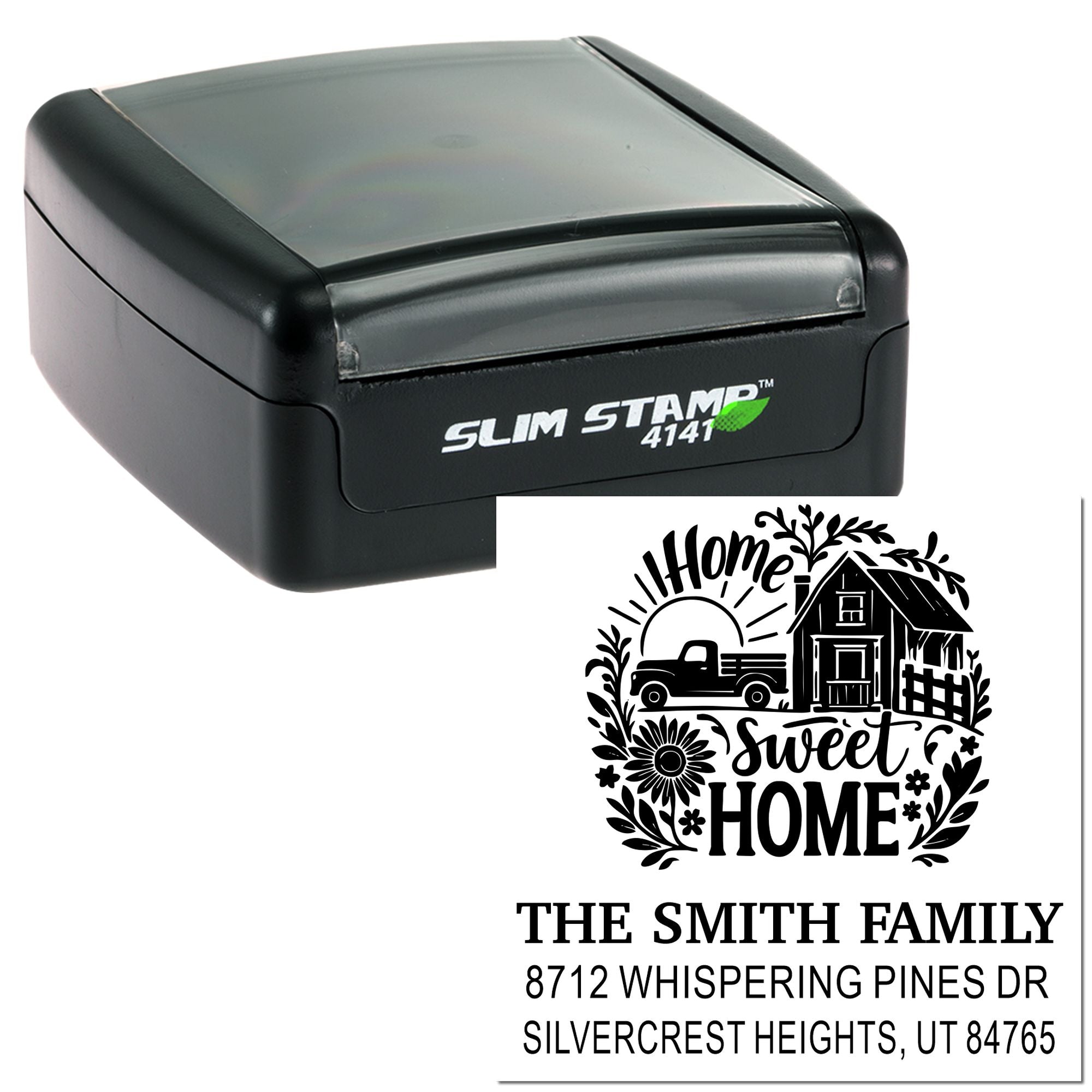 Slim self-inking custom return address stamp with Home Sweet Home farmhouse design, pickup truck, and The Smith Family address imprint.