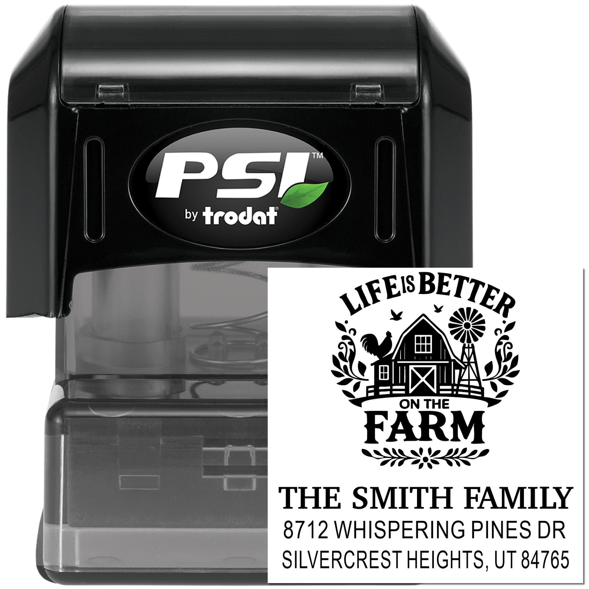 PSI by Trodat self-inking custom address stamp with farmhouse return address, Life is Better on the Farm, The Smith Family.