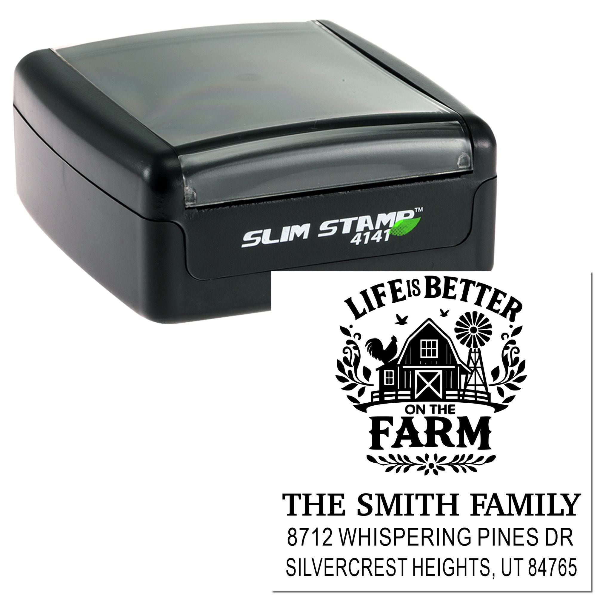 Slim Stamp self-inking address stamp with custom farmhouse logo and return address on a white background.