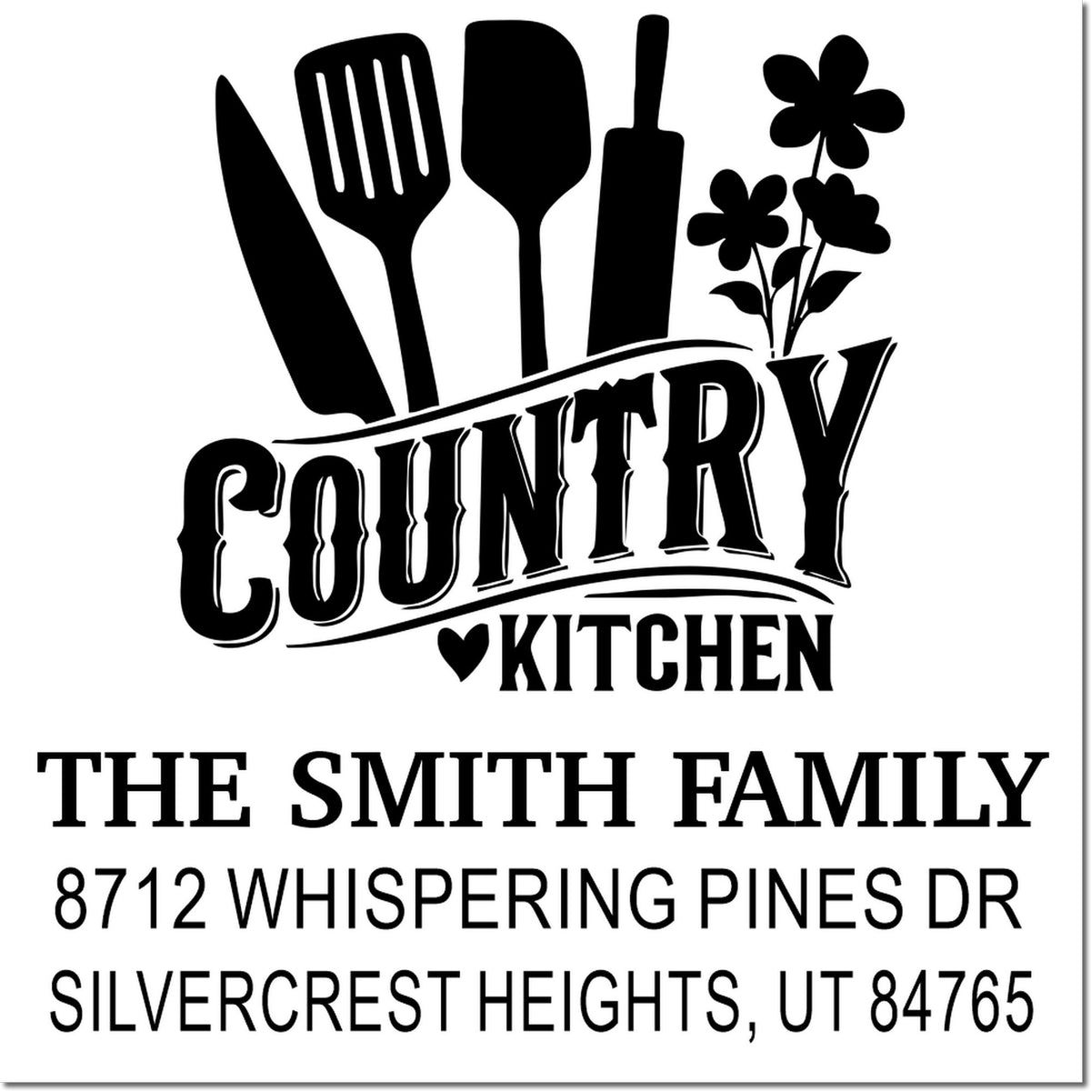 Custom country kitchen address stamp with utensils and flowers, reading The Smith Family, 8712 Whispering Pines Dr, Silvercrest Heights, UT 84765
