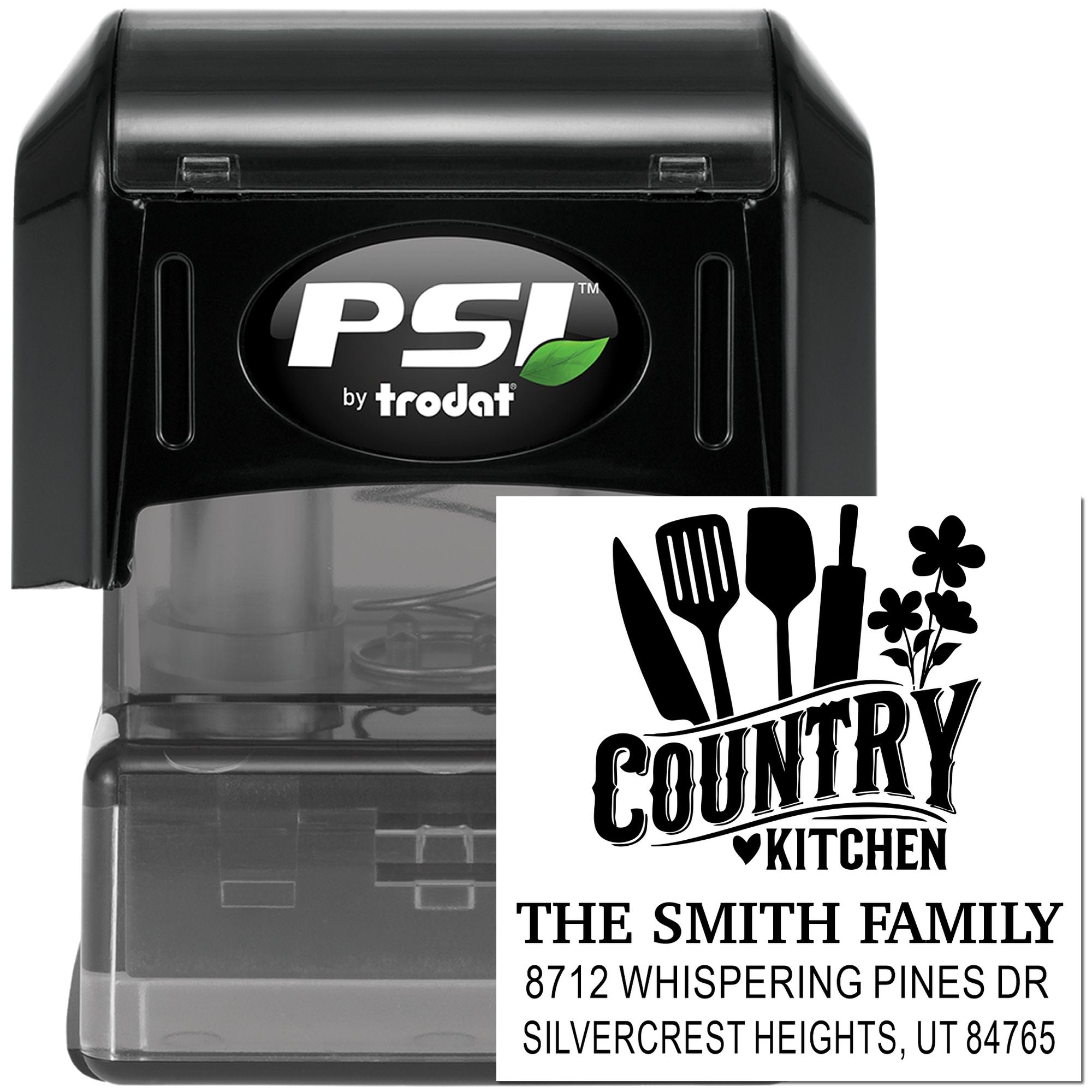 PSI by Trodat self-inking stamp with custom Country Kitchen design, The Smith Family address, and utensils logo on a black stamp case.