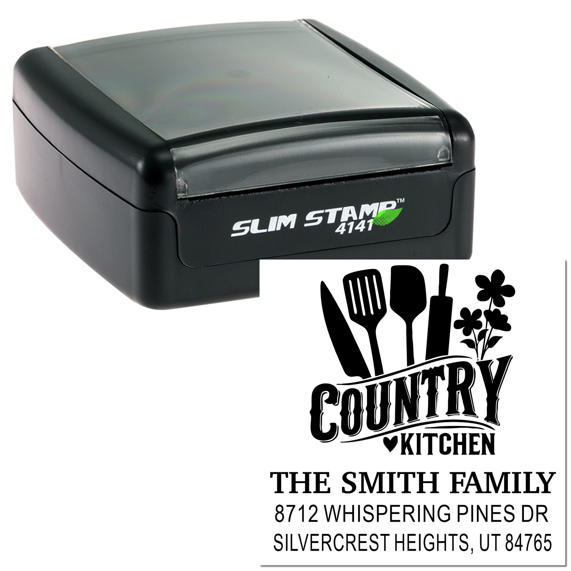 Custom Slim Stamp 4141 with Country Kitchen return address design and kitchen utensil logo, shown beside a personalized family address imprint.