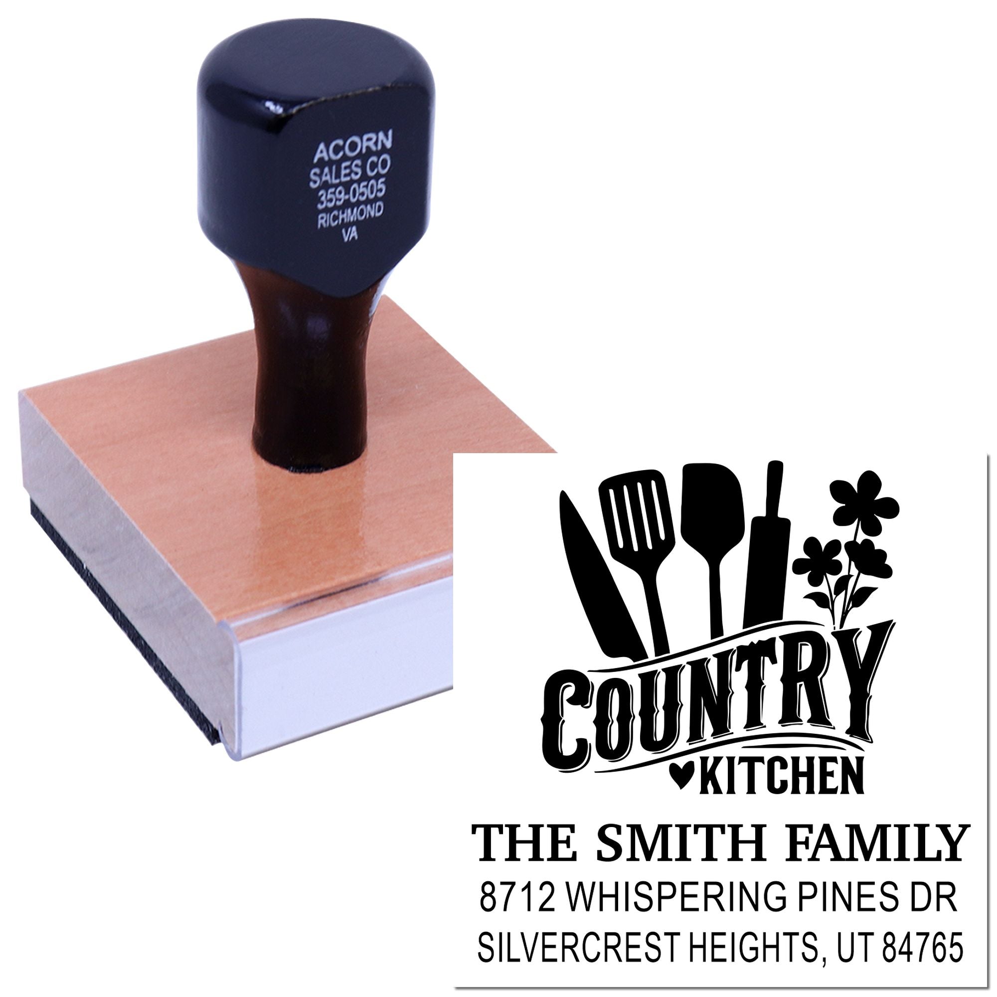 Custom rubber stamp with Country Kitchen logo, family name, and Utah address, shown on a wooden stamp block with a kitchen utensil design.