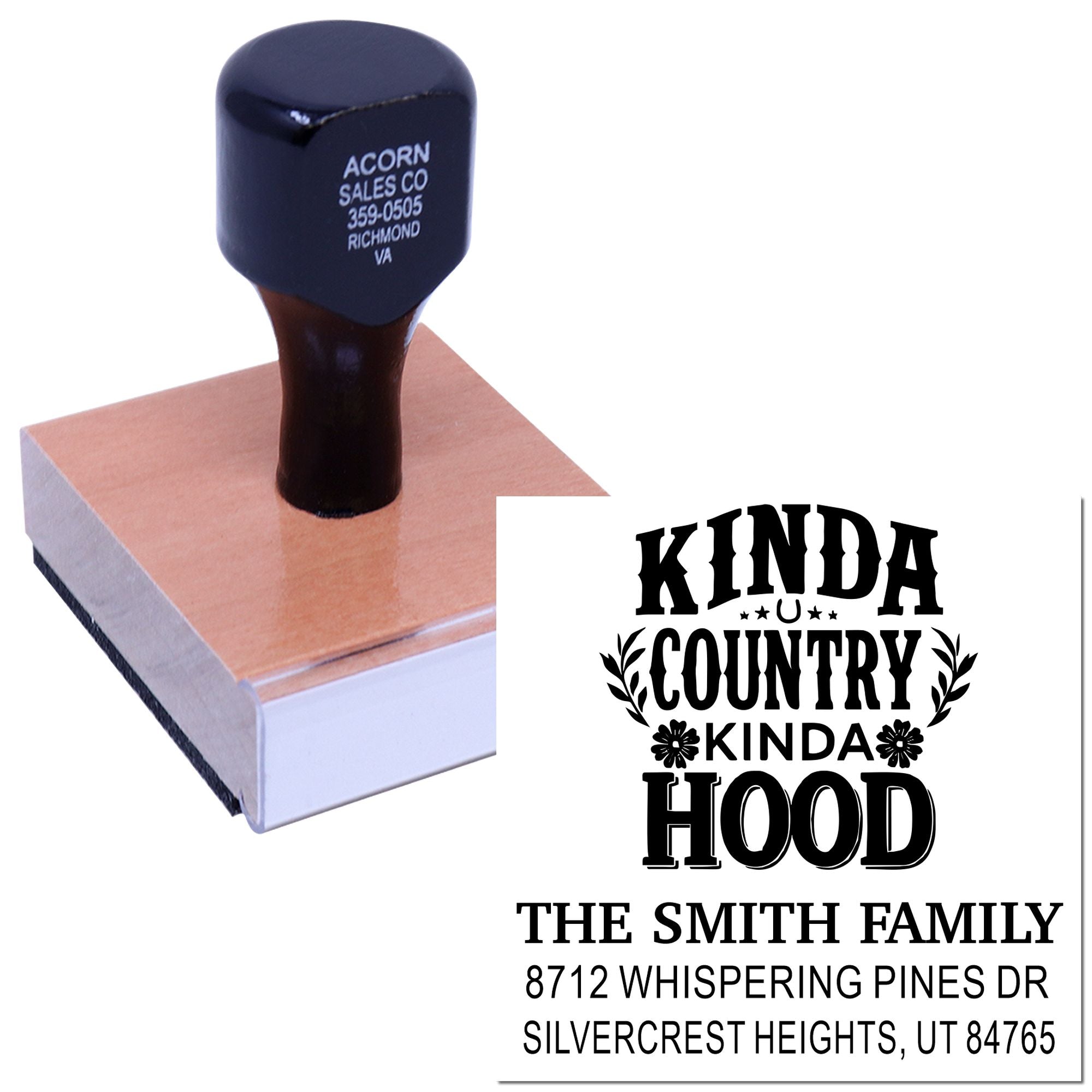 Custom self-inking address stamp on wooden block, showing Kinda Country Kinda Hood and The Smith Family address on a white background.