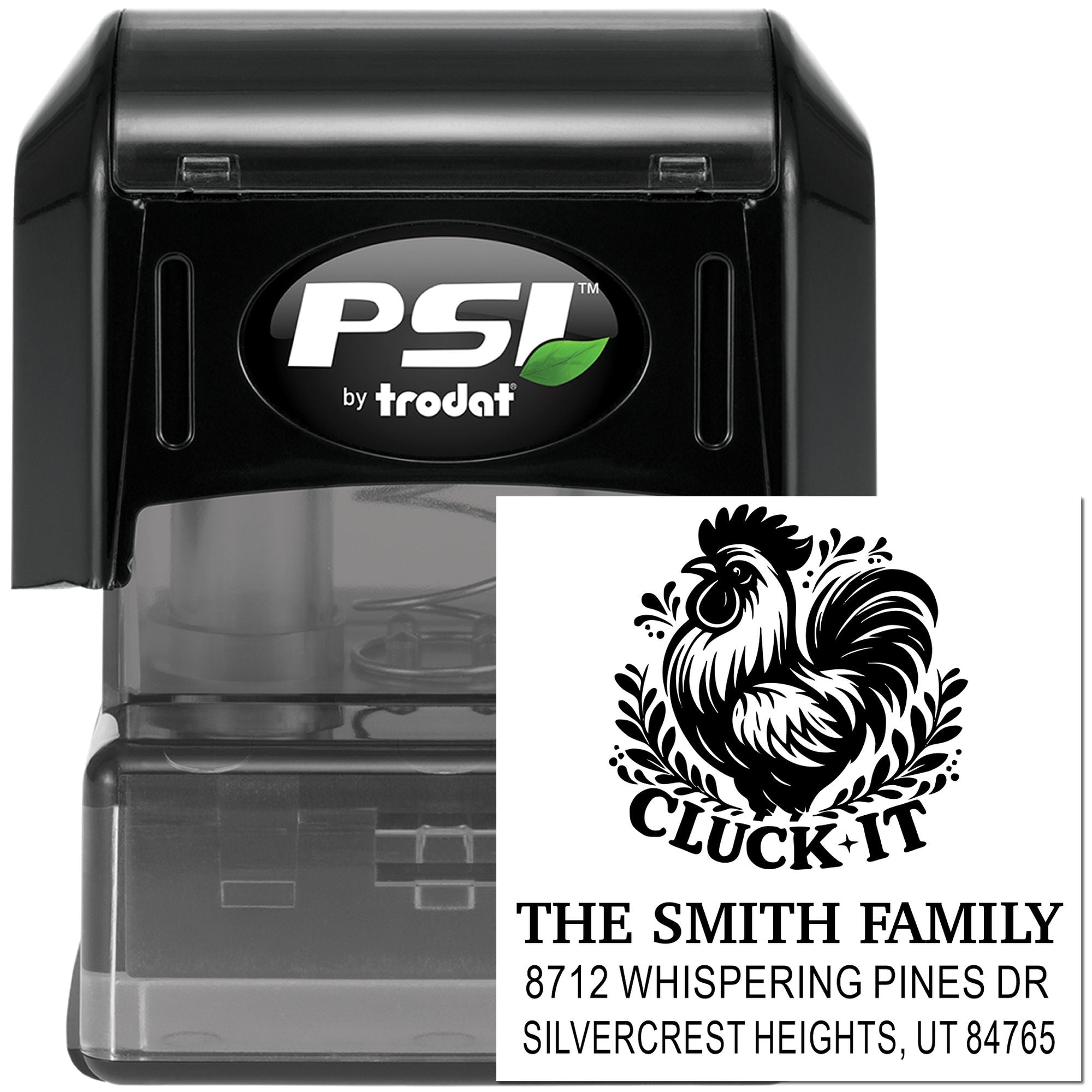 PSI by Trodat self-inking custom address stamp with rooster design and The Smith Family on black stamp case, isolated on white.
