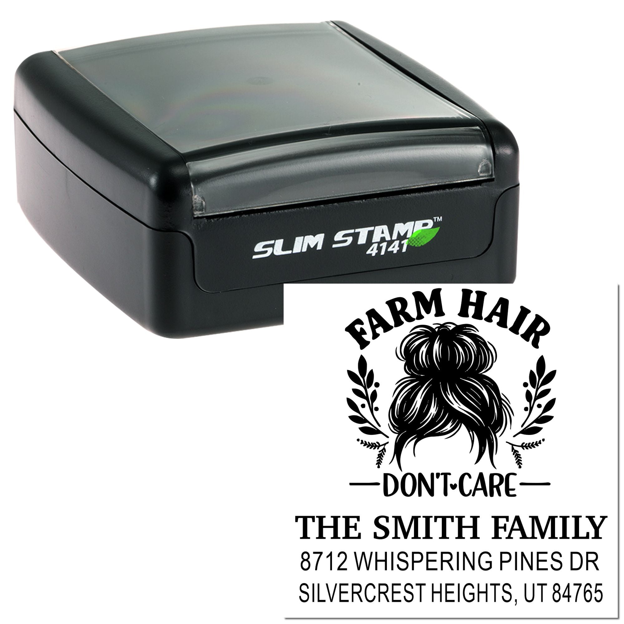 Slim self-inking custom address stamp with Farm Hair Dont Care design, family name, and Utah return address imprint on white background.