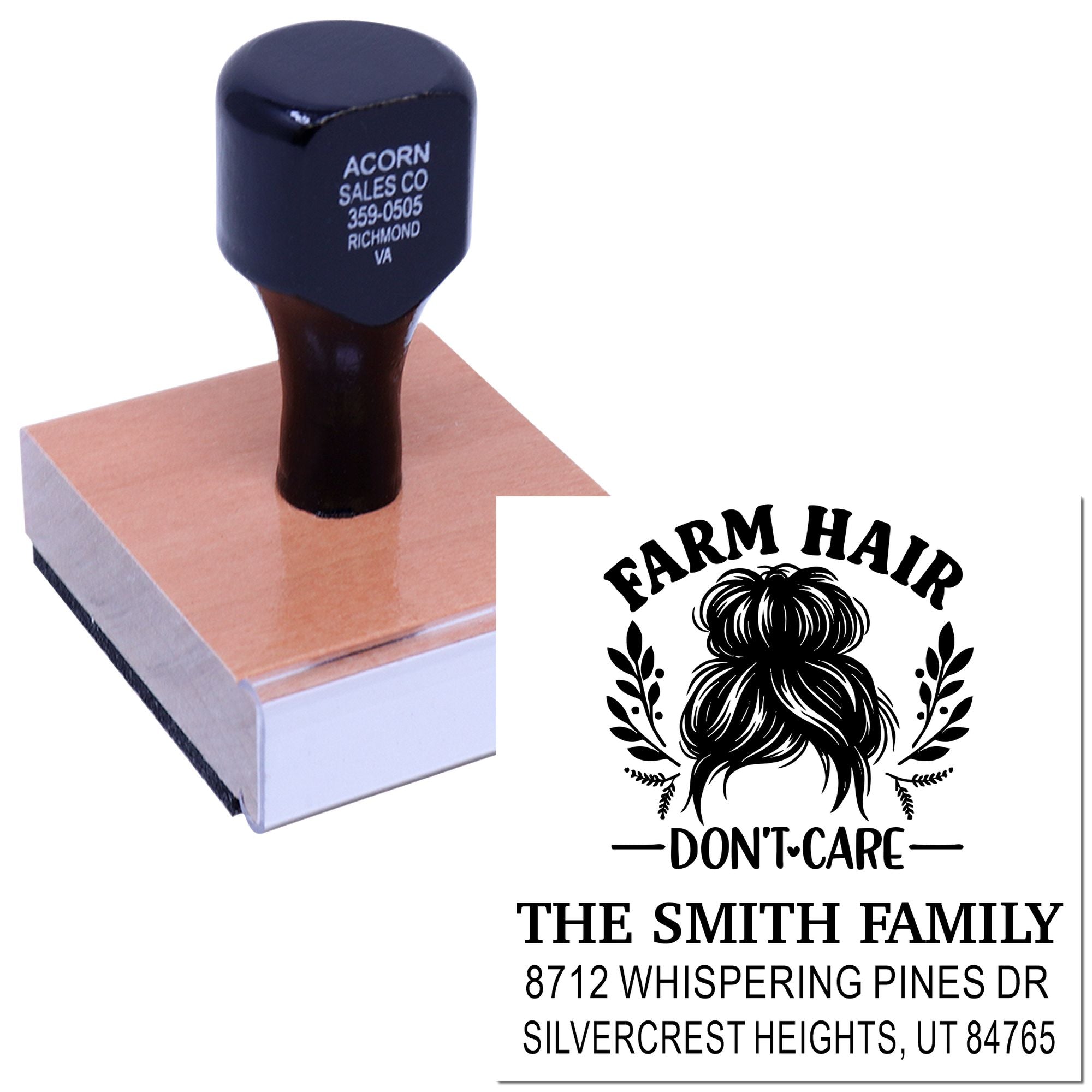 Self-inking custom rubber stamp on white background, showing a farm hair dont care family address imprint for The Smith Family.