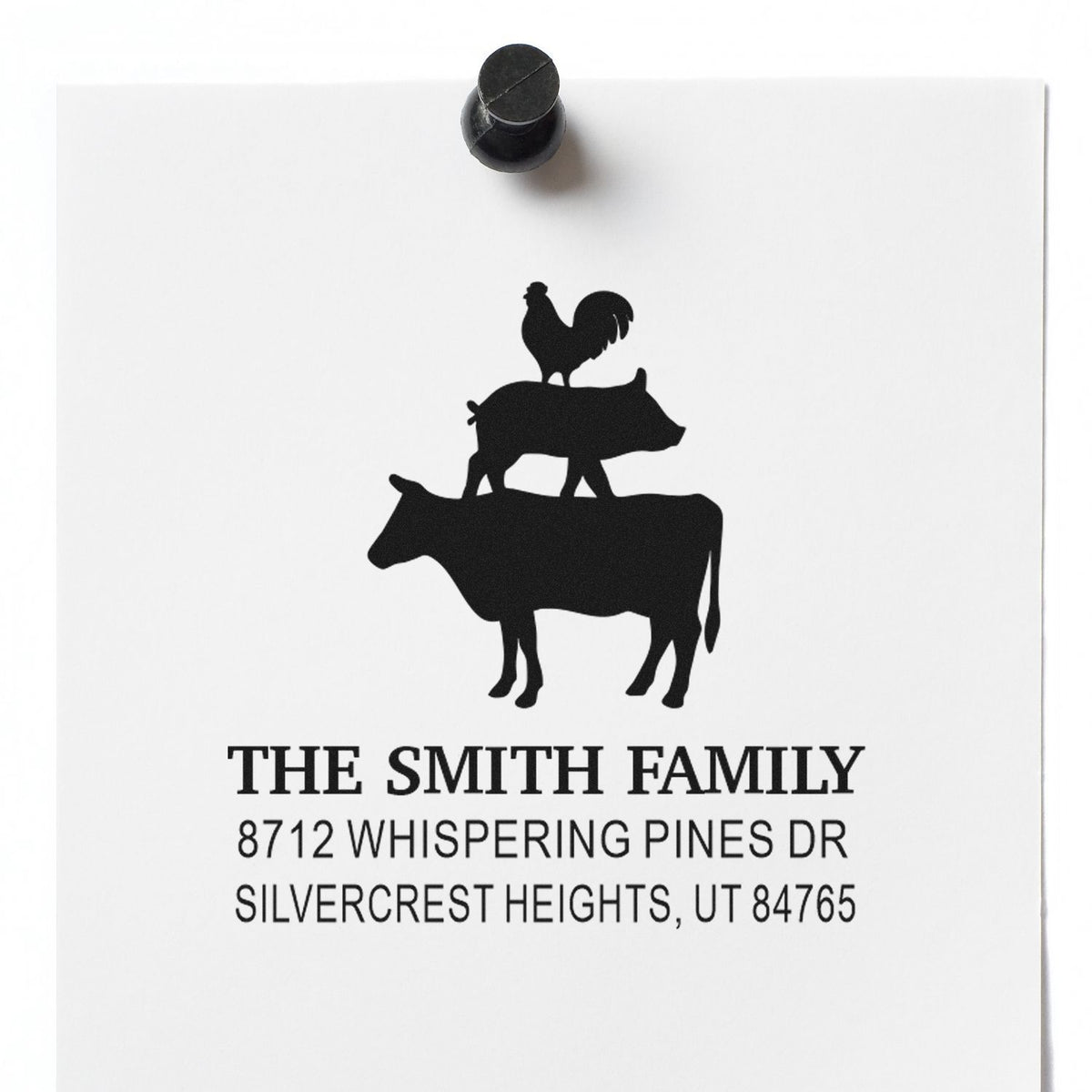 Custom family address stamp with rooster, pig and cow silhouette, featuring The Smith Family and Silvercrest Heights, UT address on white paper.