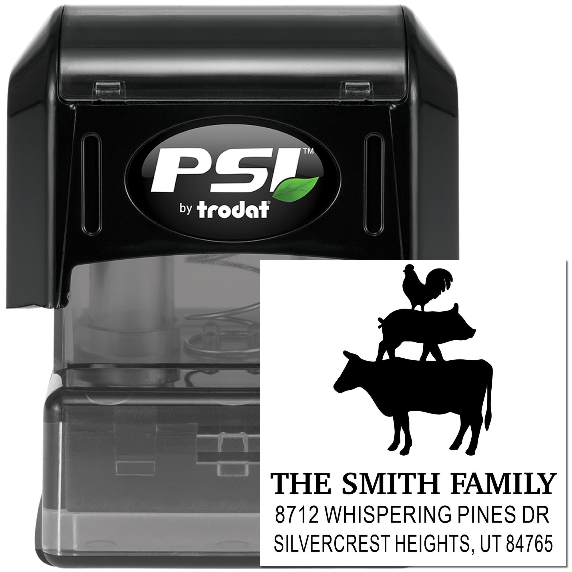 PSI by Trodat self-inking address stamp with farm animal silhouette, featuring custom family name and address on a white product display.