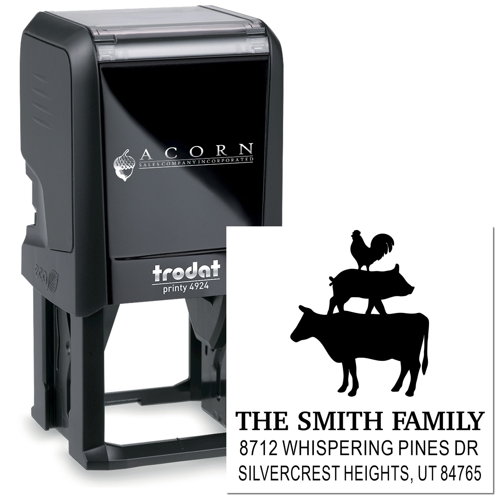 Custom self-inking address stamp with rooster, pig and cow design, showing the Smith family name and mailing address on a Trodat Printy 4924 stamp.