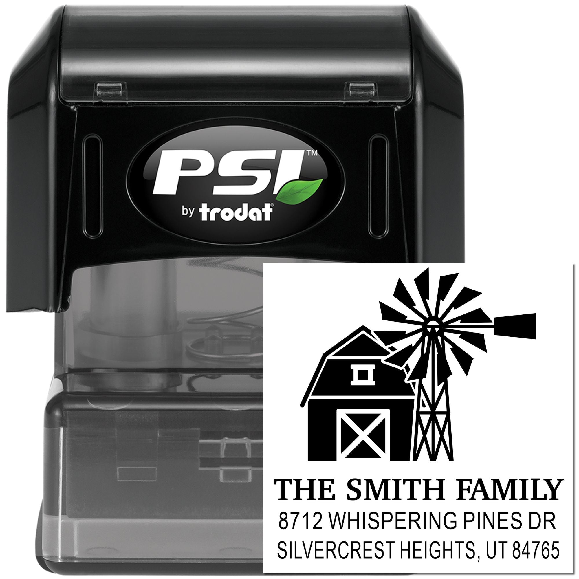 PSI by Trodat self-inking address stamp with farmhouse and windmill design, showing The Smith Family name and Silvercrest Heights, UT address.