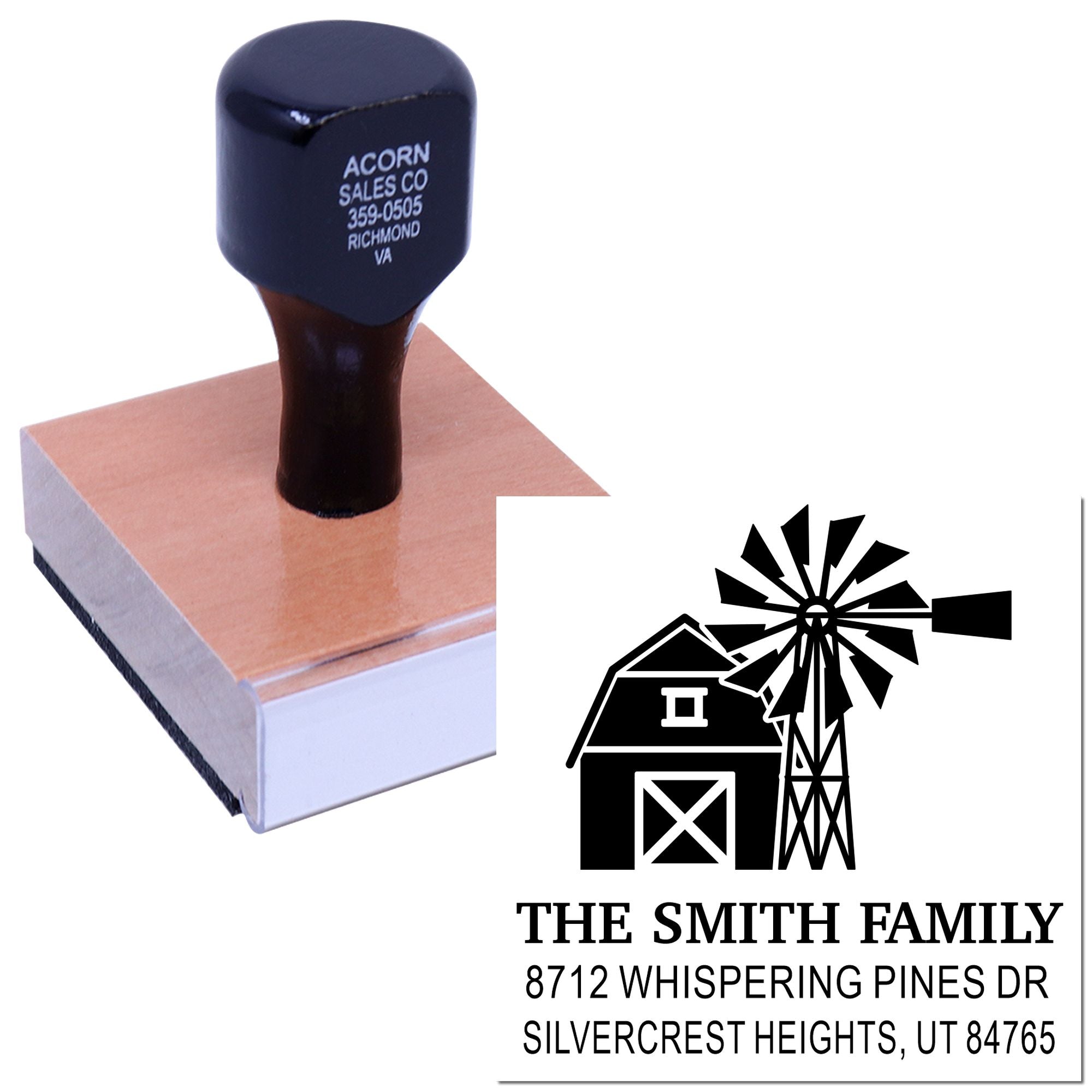 Custom return address stamp with barn and windmill design, mounted on a wooden base, beside a sample imprint for The Smith Family in Silvercrest Heights, UT.