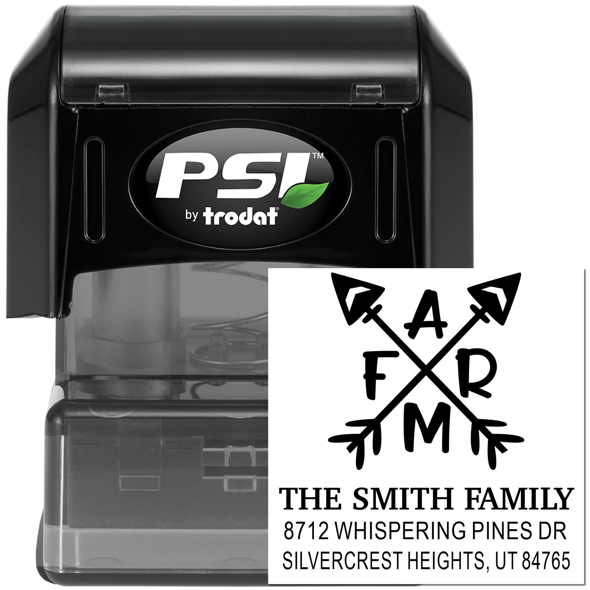 PSI by Trodat self-inking address stamp set with custom family monogram and return address, shown on white background.