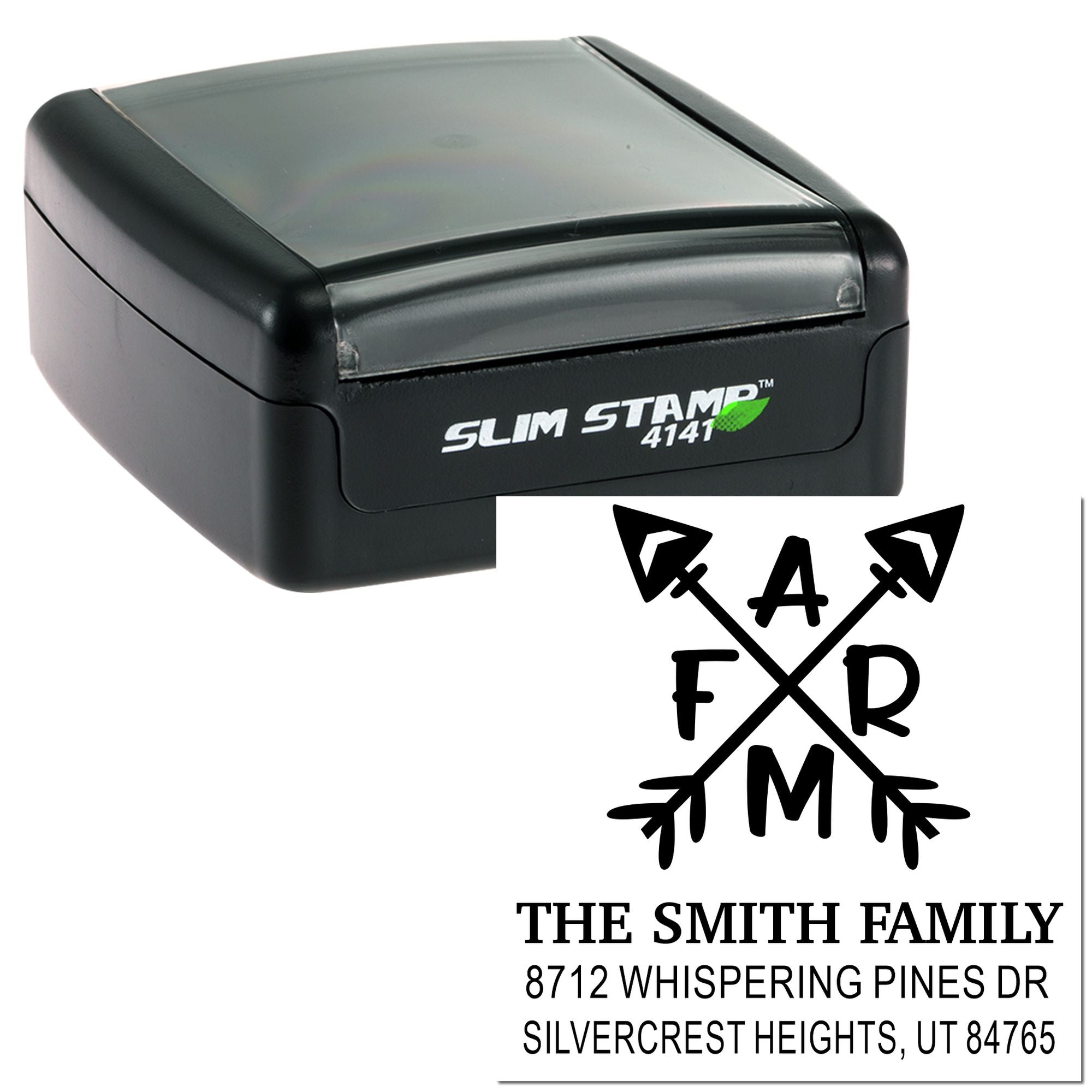 Custom self-inking address stamp, Slim Stamp 4141, showing a family monogram design and return address imprint on a white background.