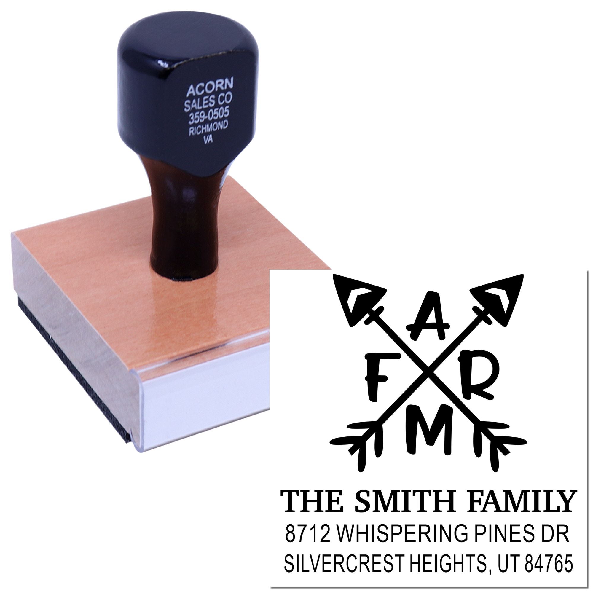 Custom self-inking address stamps with family monogram design and return address, shown on a wooden base beside a sample imprint on white background.