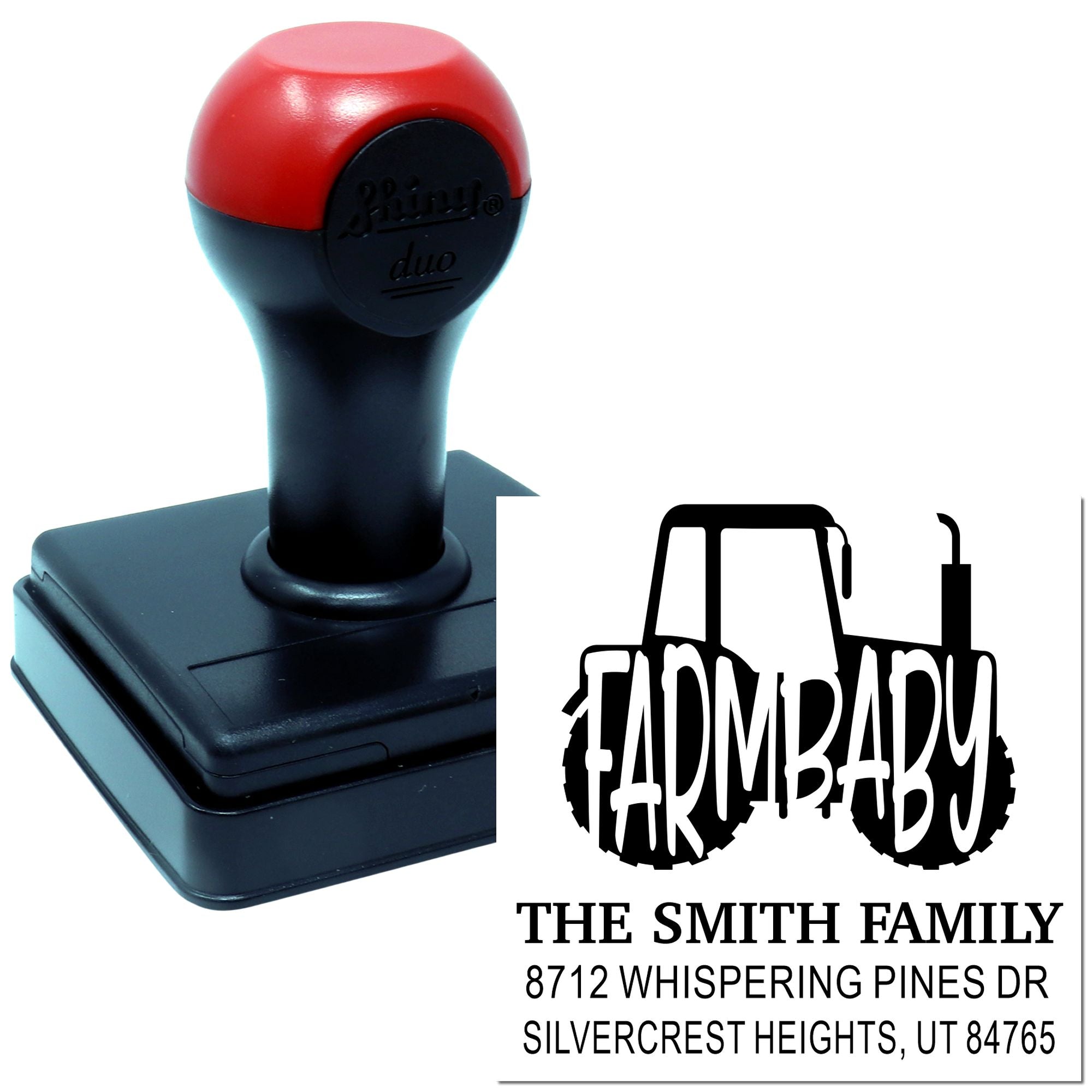 Custom self-inking farm stamp with red-and-black handle, tractor logo, and Smith family address on a white background.