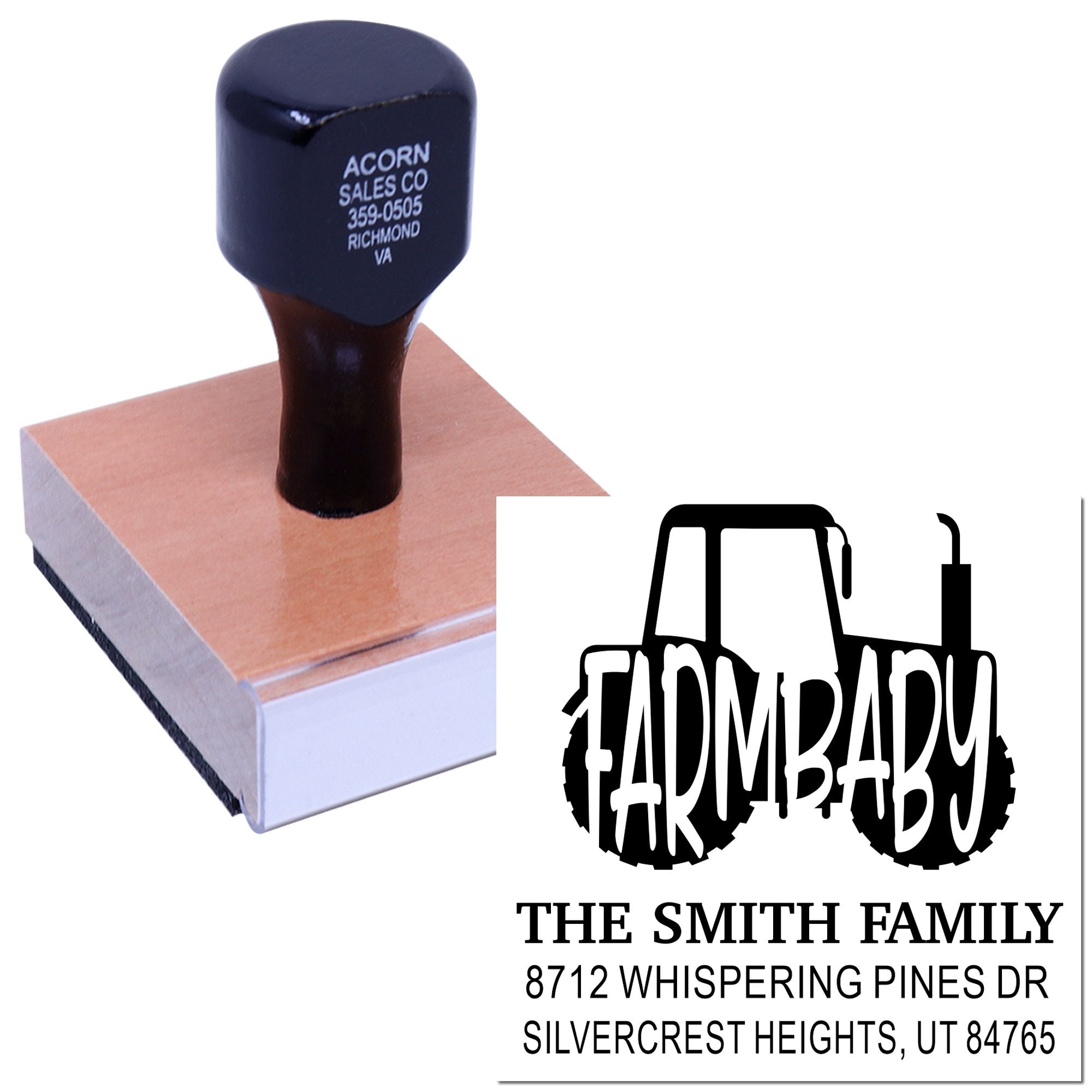 Custom self-inking address stamp with tractor farm design, stamping The Smith Family name and Utah address on a white background