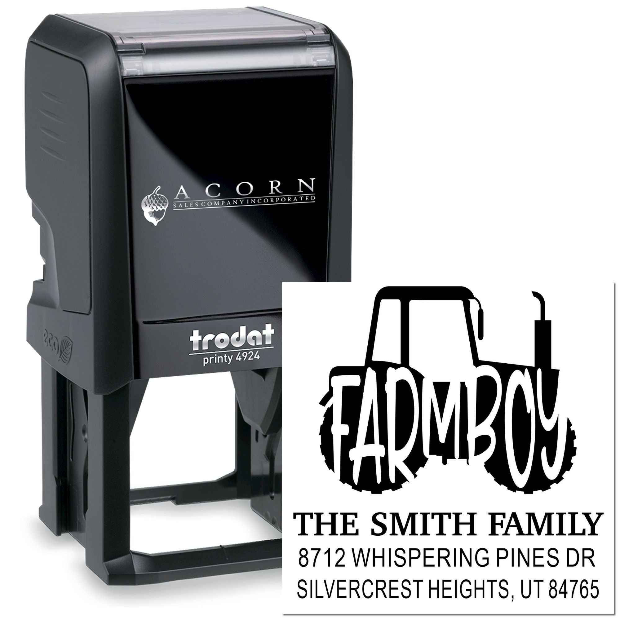 Custom self-inking Trodat Printy 4924 stamp with tractor logo and FARMBOY address imprint for The Smith Family on white background.