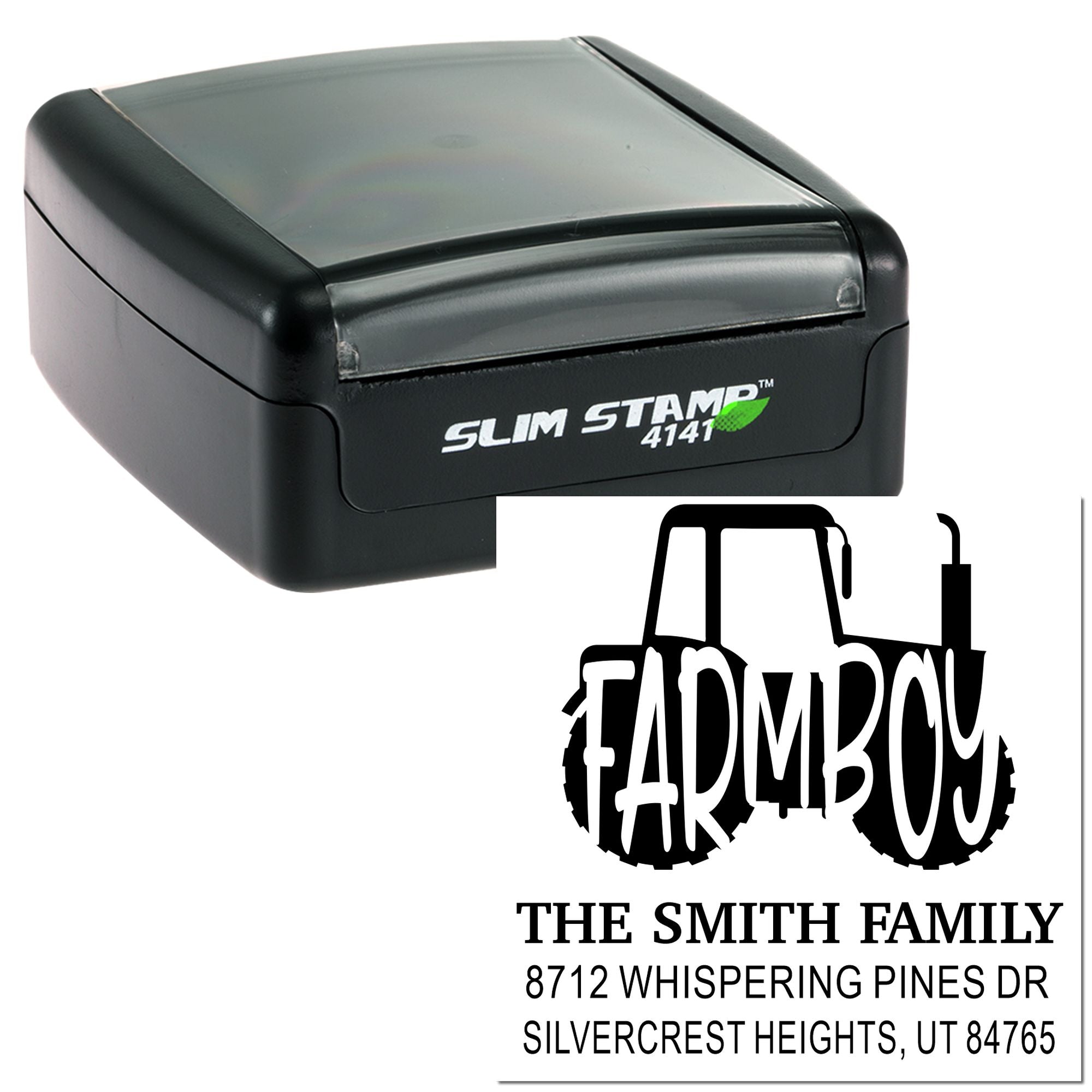 Slim Stamp 4141 custom address stamp with tractor farmhouse design and The Smith Family return address imprint on a white background.