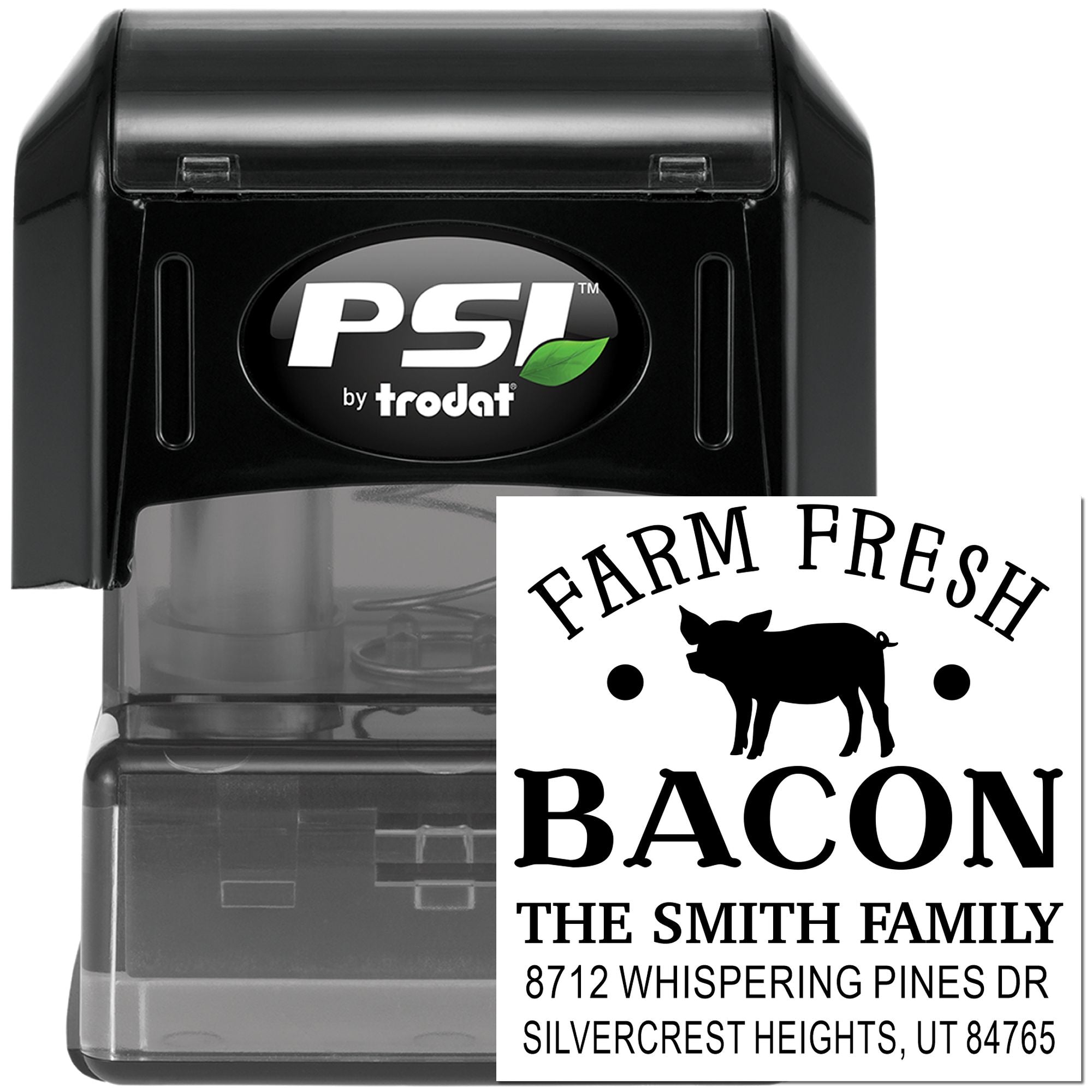 PSI by Trodat self-inking stamp with custom Farm Fresh Bacon return address design, shown in black stamp case on white background.
