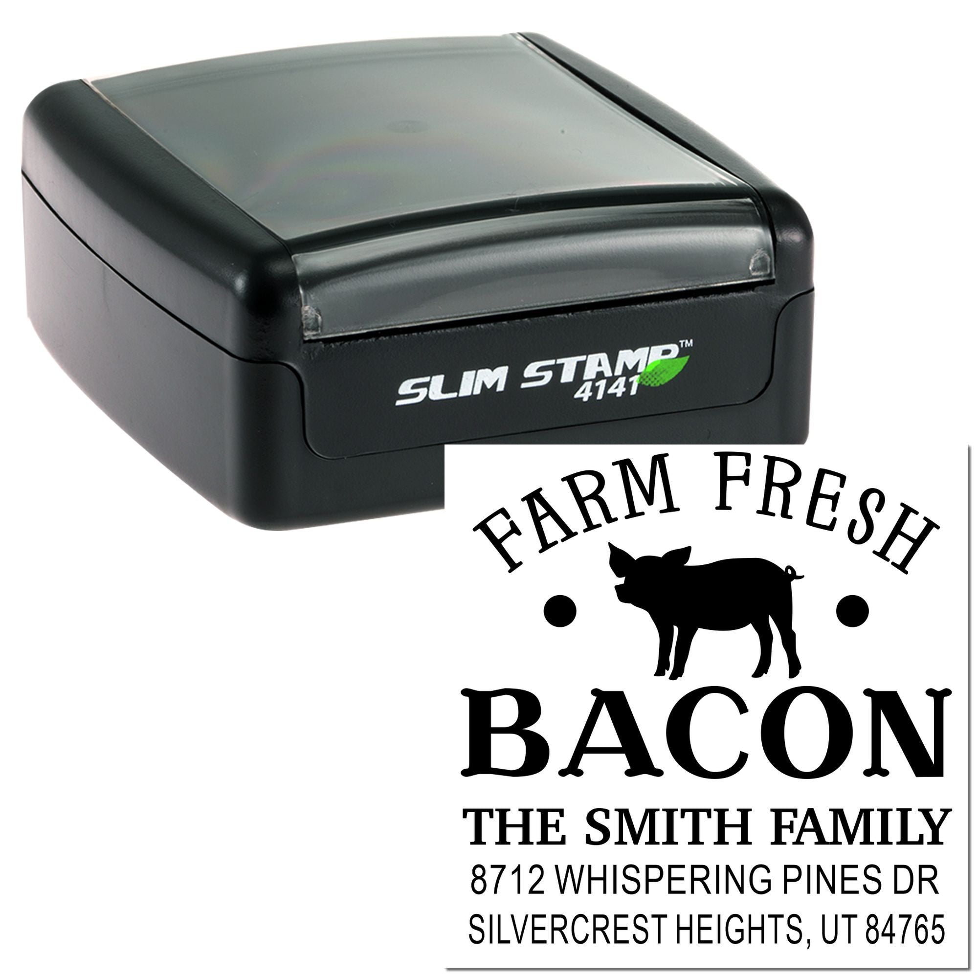 Self-inking custom stamp with Farm Fresh Bacon pig design and Smith family address imprint on a white background.