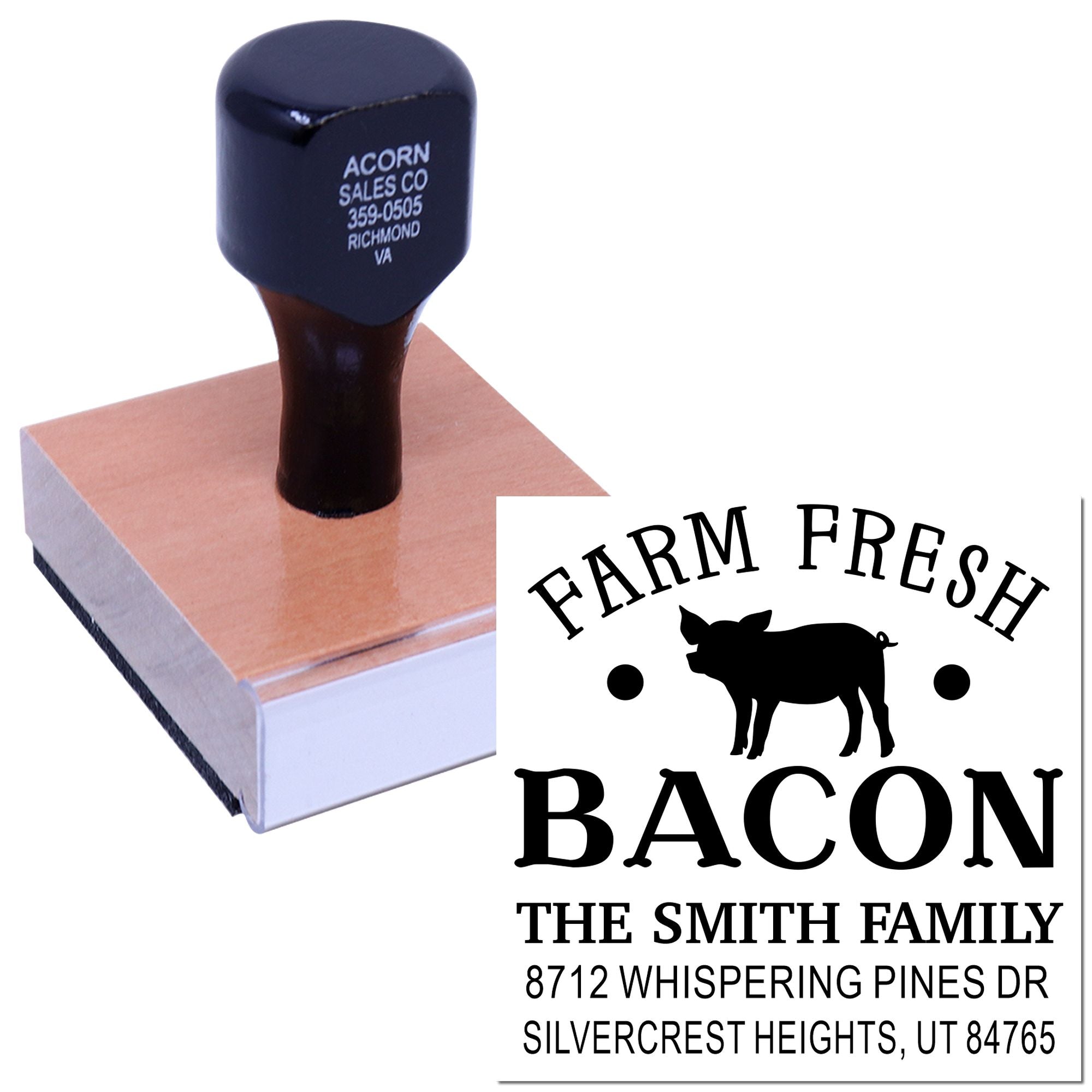 Custom self-inking return address stamp with Farm Fresh Bacon pig design, shown on a wooden block and stamped impression.
