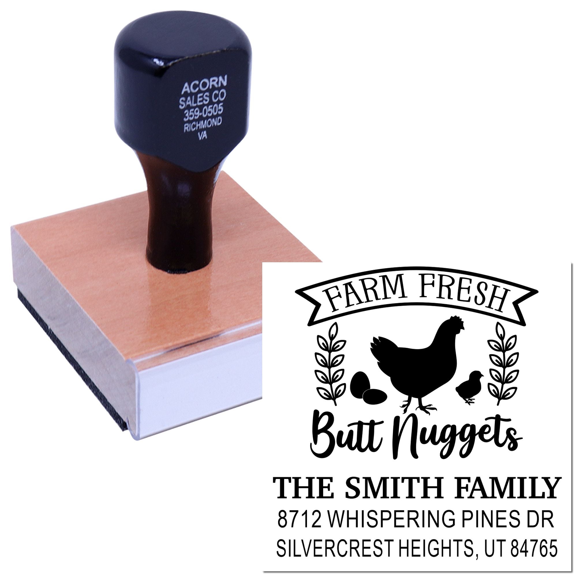Custom self-inking rubber stamp on white background, imprinting a Farm Fresh Butt Nuggets chicken design with family name and address.