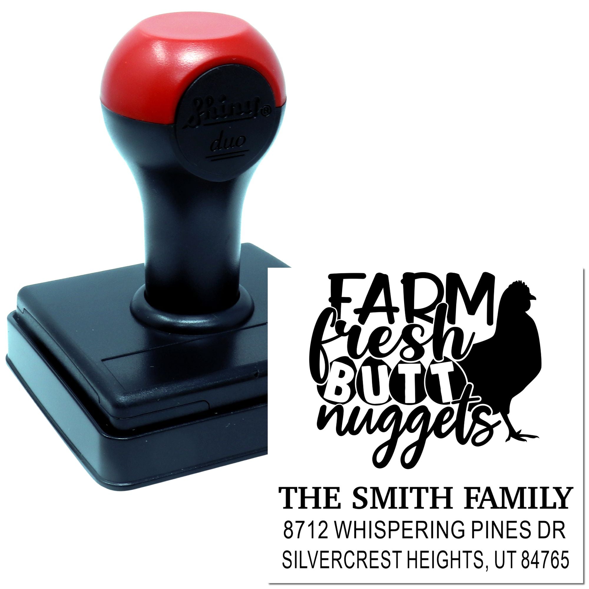 Custom self-inking rubber stamp for Farm Fresh Butt Nuggets with chicken graphic, shown on black-red stamp base beside personalized family address.