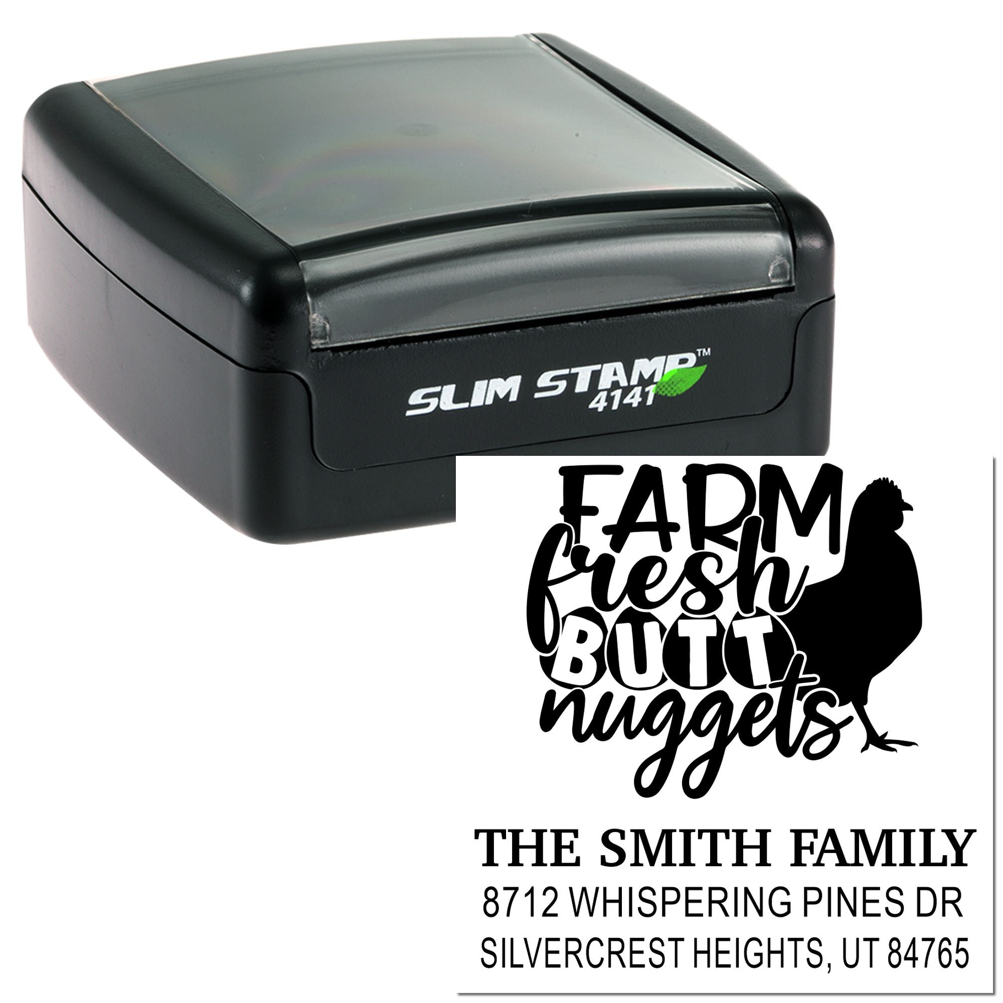 Black Slim Stamp self-inking stamp with custom farmhouse chicken design reading Farm Fresh Butt Nuggets and Smith family address on white background.
