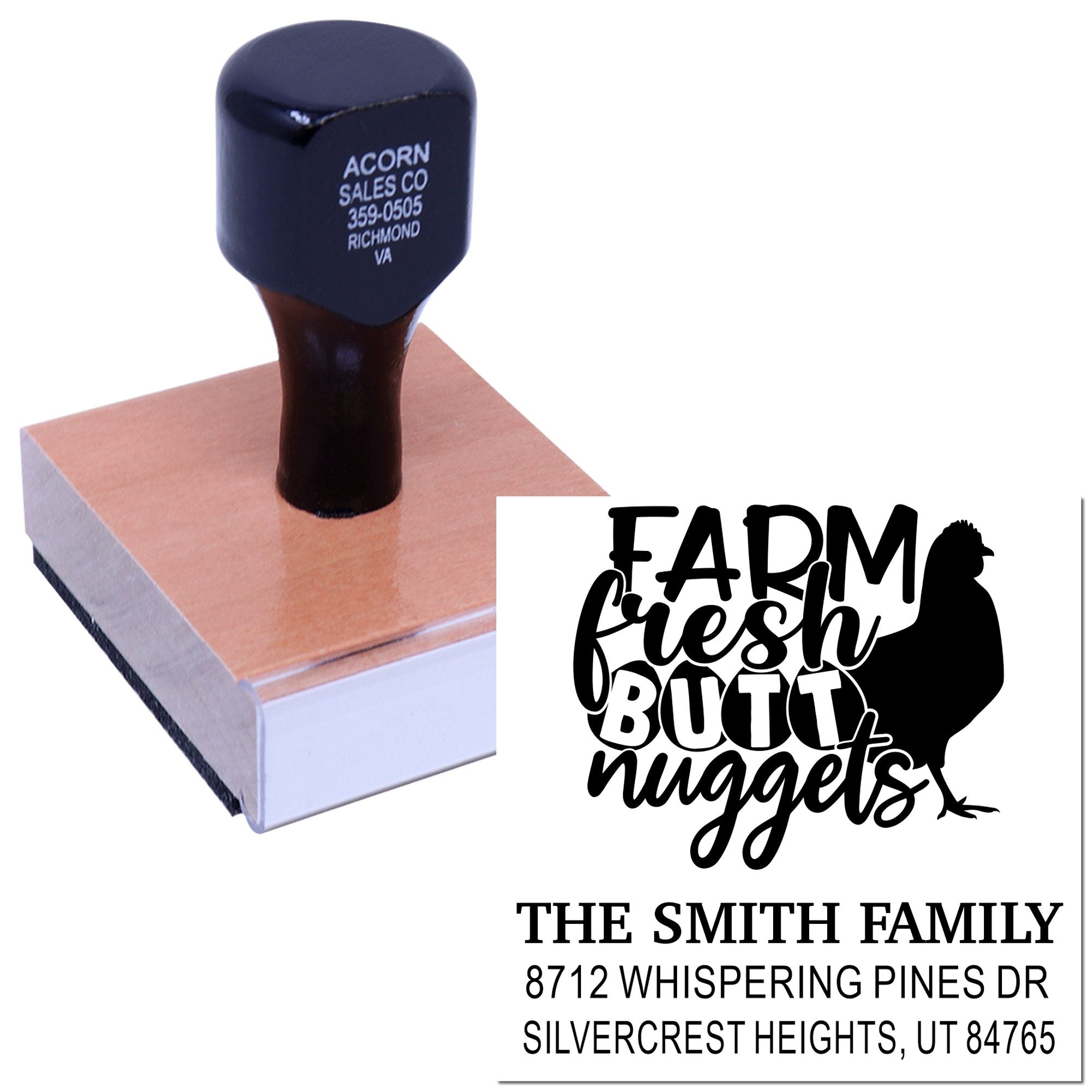 Custom rubber stamp on wooden block with farmhouse chicken design, showing fresh butt nuggets and family address imprint on white background.