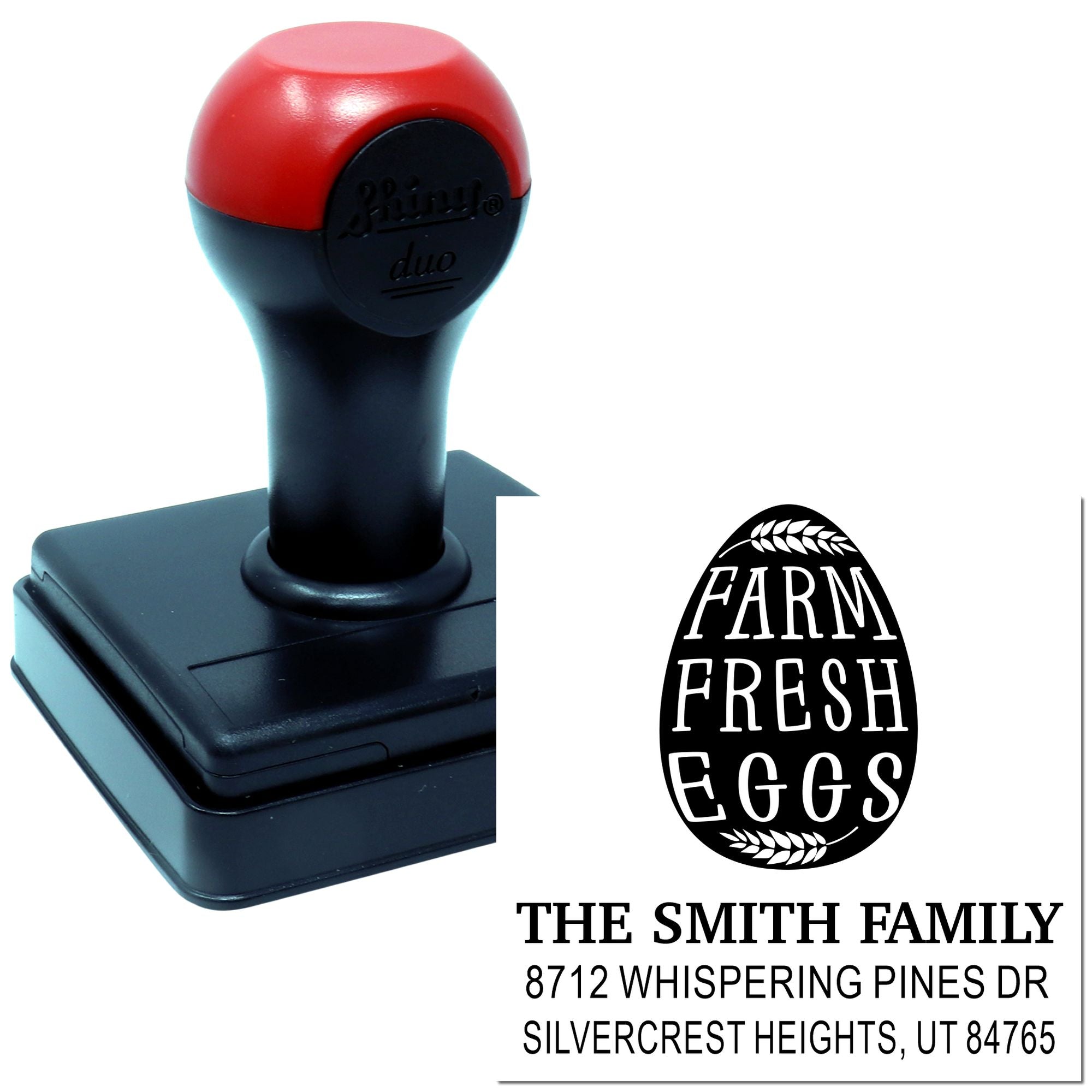 Custom self-inking stamp with Farm Fresh Eggs design and Smith family address imprint on white background.