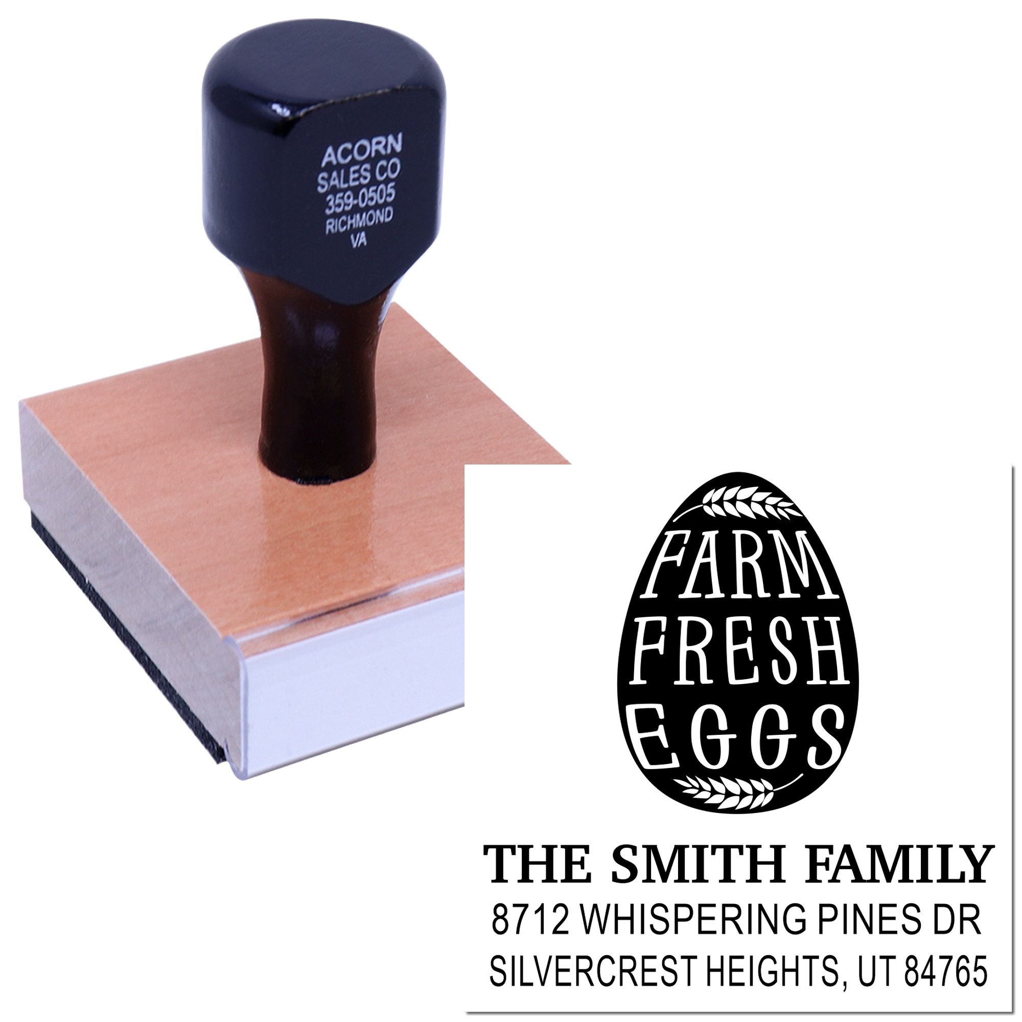 Custom farm fresh eggs return address rubber stamp on a wooden block, with black handle and imprint for The Smith Family on a white background.