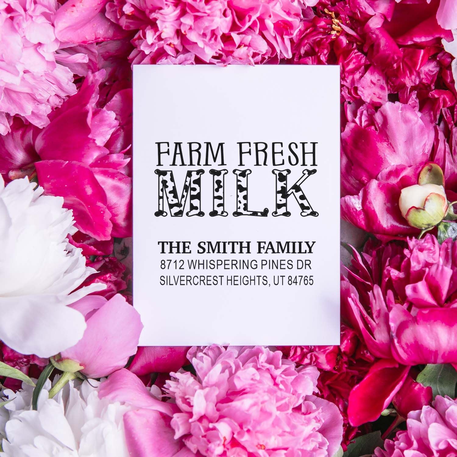 Custom Farm Fresh Milk return address stamp on white card, surrounded by pink peonies, with Smith family name and address.
