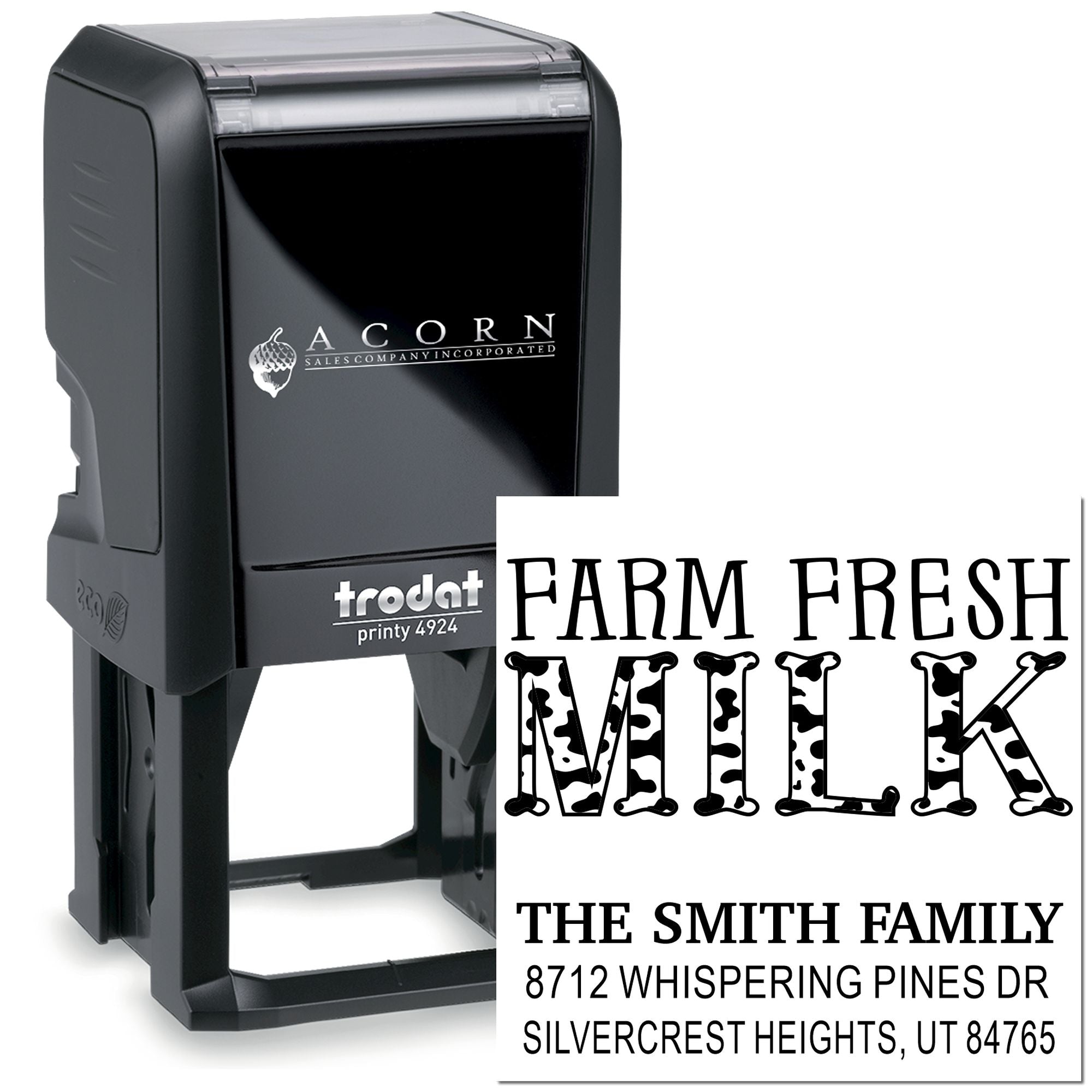 Custom self-inking Trodat stamp with Farm Fresh Milk design and Smith family return address, shown beside the stamped impression.