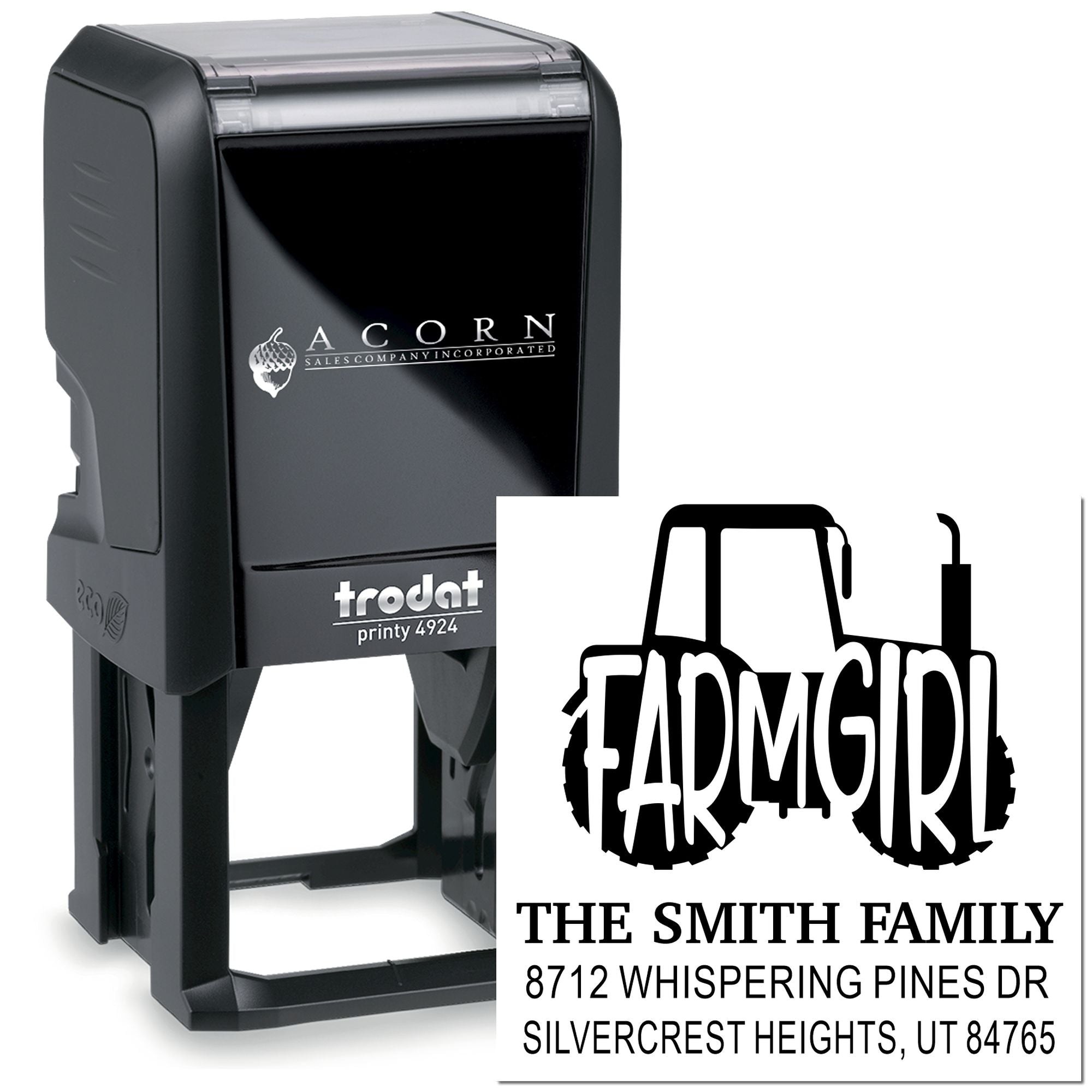 Custom self-inking address stamp with tractor FARMGIRL design, showing The Smith Family name and address on a white background.