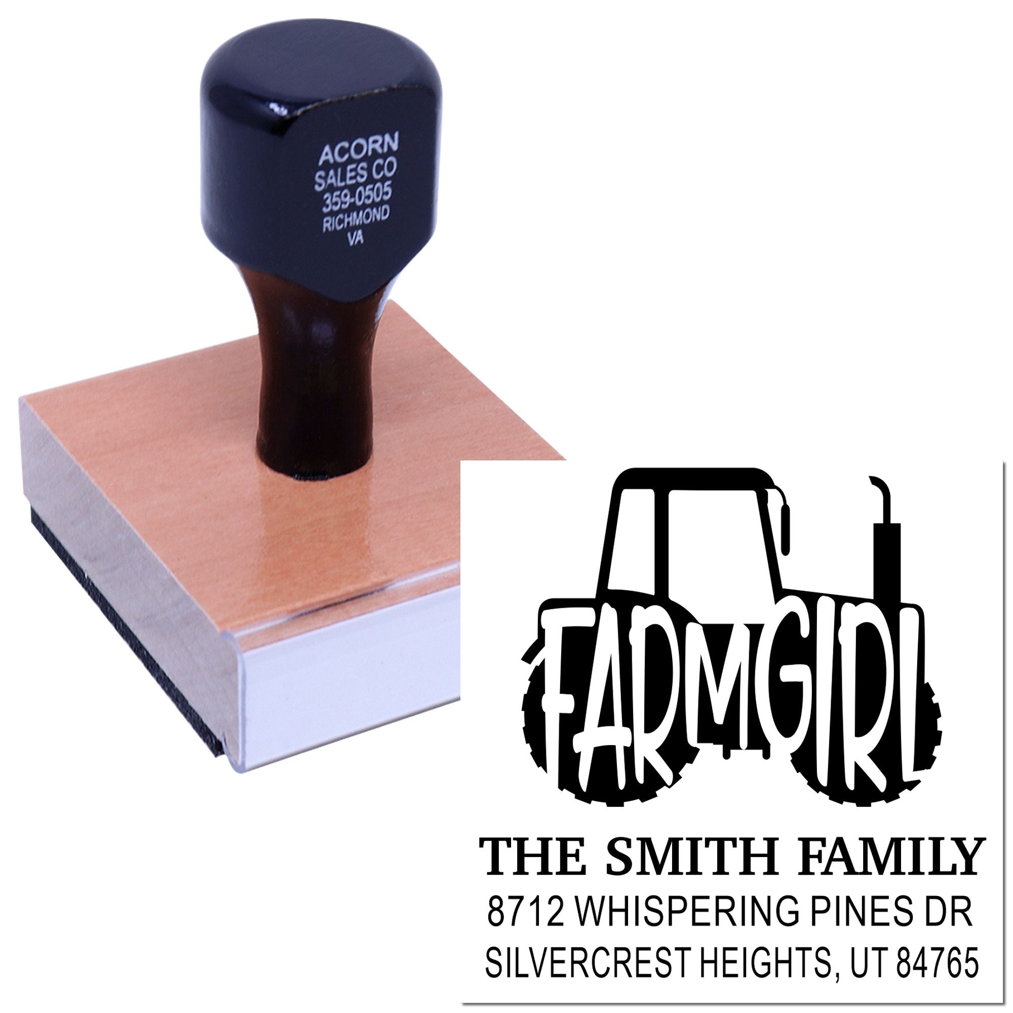 Custom self-inking address stamp with tractor farmgirl design, shown beside a stamped sample for The Smith Family in Silvercrest Heights, UT.
