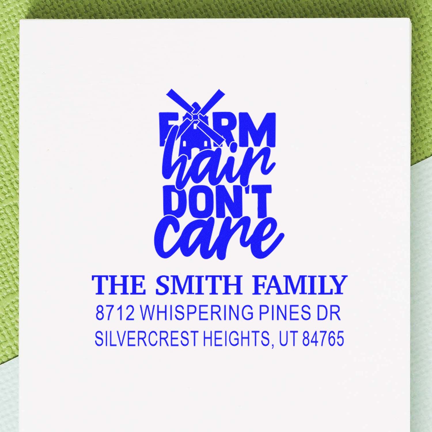 Custom blue family return address stamp with Farm hair dont care windmill design on white card, featuring The Smith Family address in Silvercrest Heights, UT.