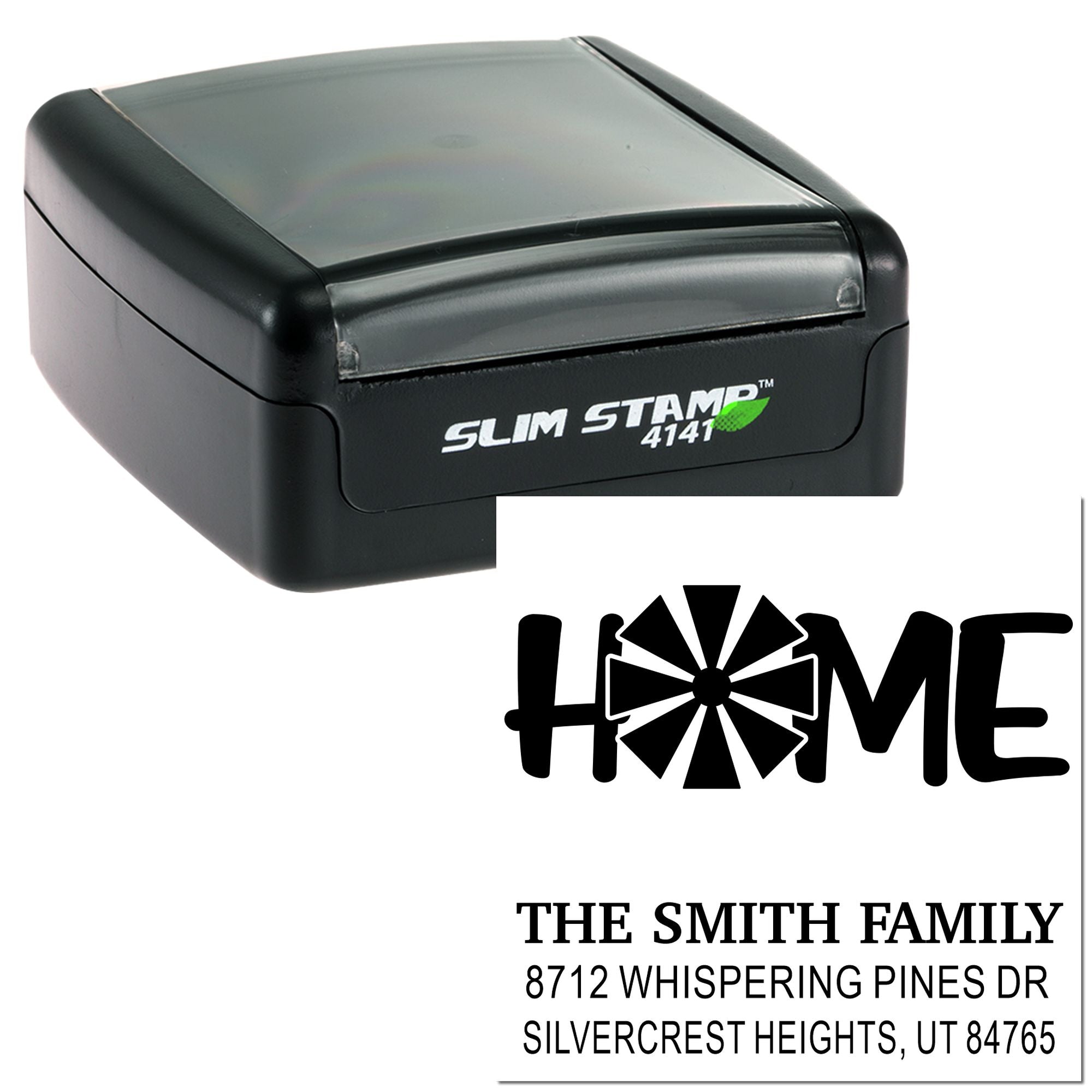 Slim Stamp 4141 self-inking address stamp with custom HOME design, The Smith Family name, and Silvercrest Heights, UT address on white background.
