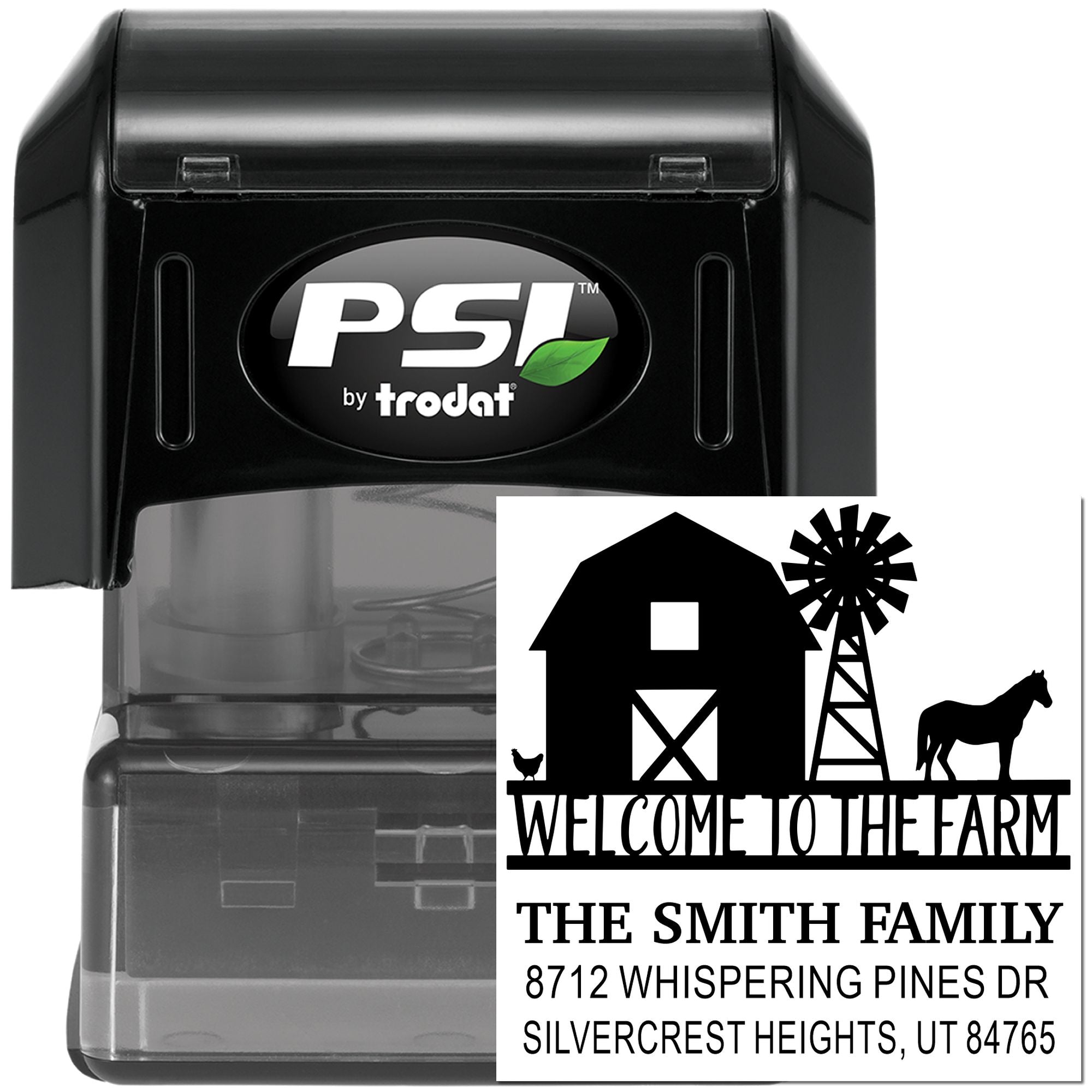 PSI by Trodat self-inking farm address stamp with barn, windmill and horse design, shown beside personalized Welcome to the Farm impression.